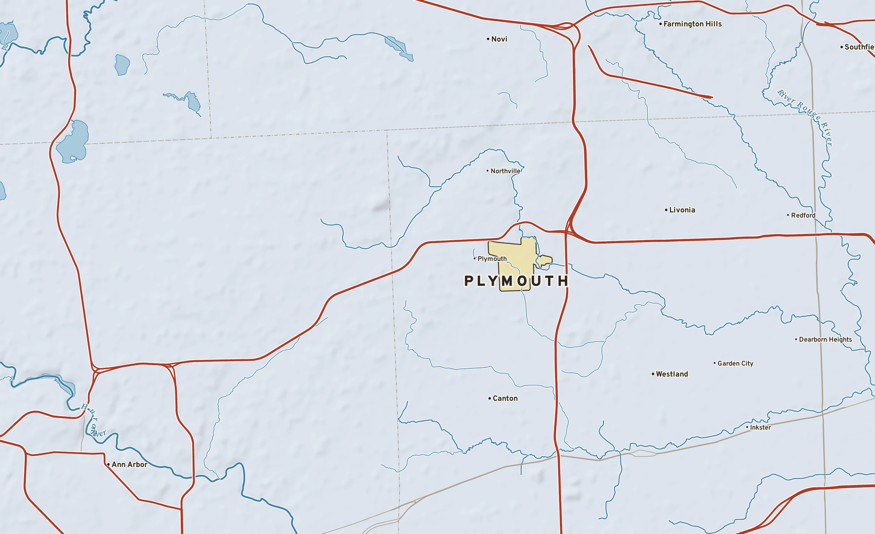 Shaded-relief atlas plate of Plymouth, Michigan: rivers, roads, the city limits and where the water drains.