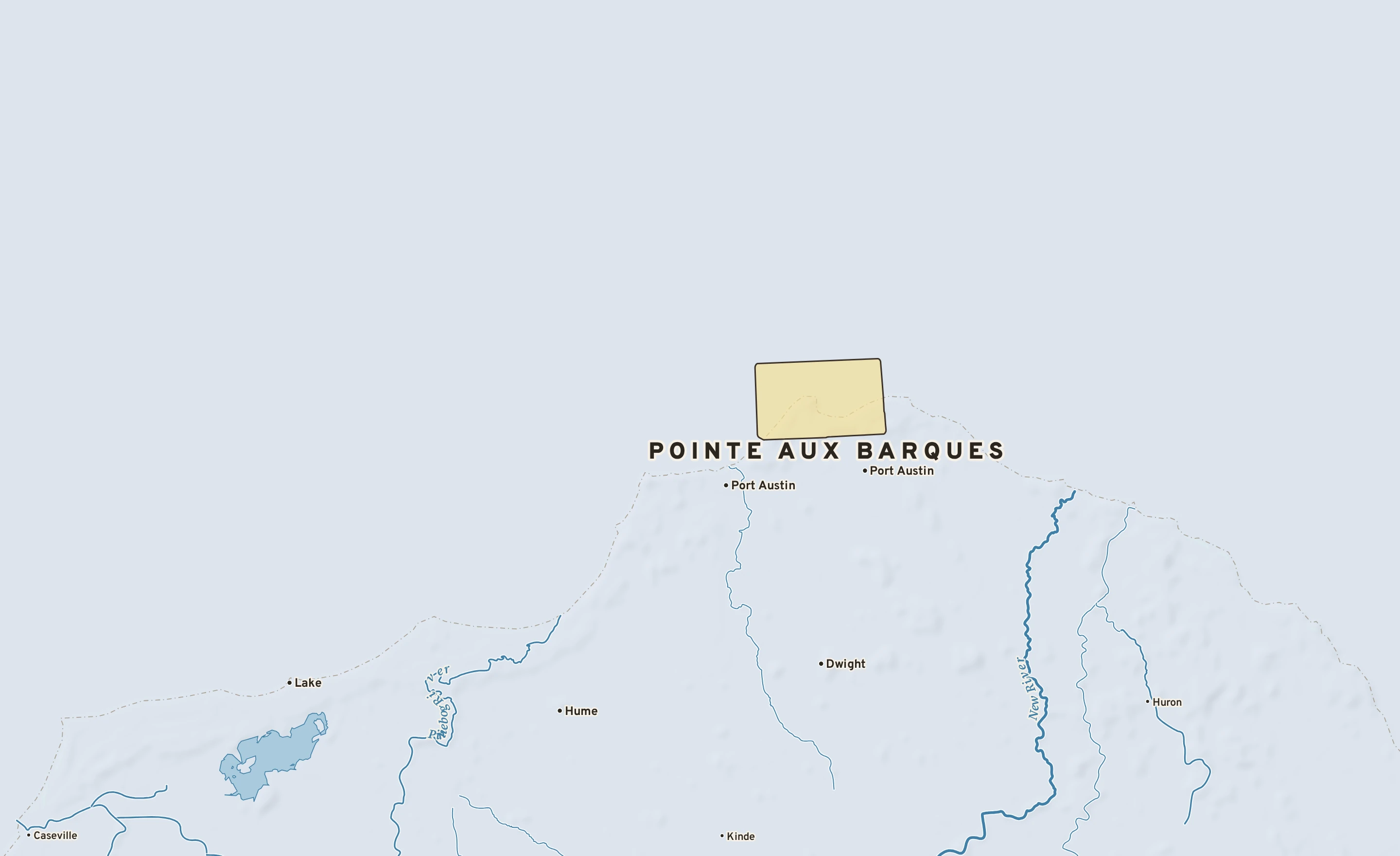 Shaded-relief atlas plate of Pointe Aux Barques, Michigan: rivers, roads, the city limits and where the water drains.