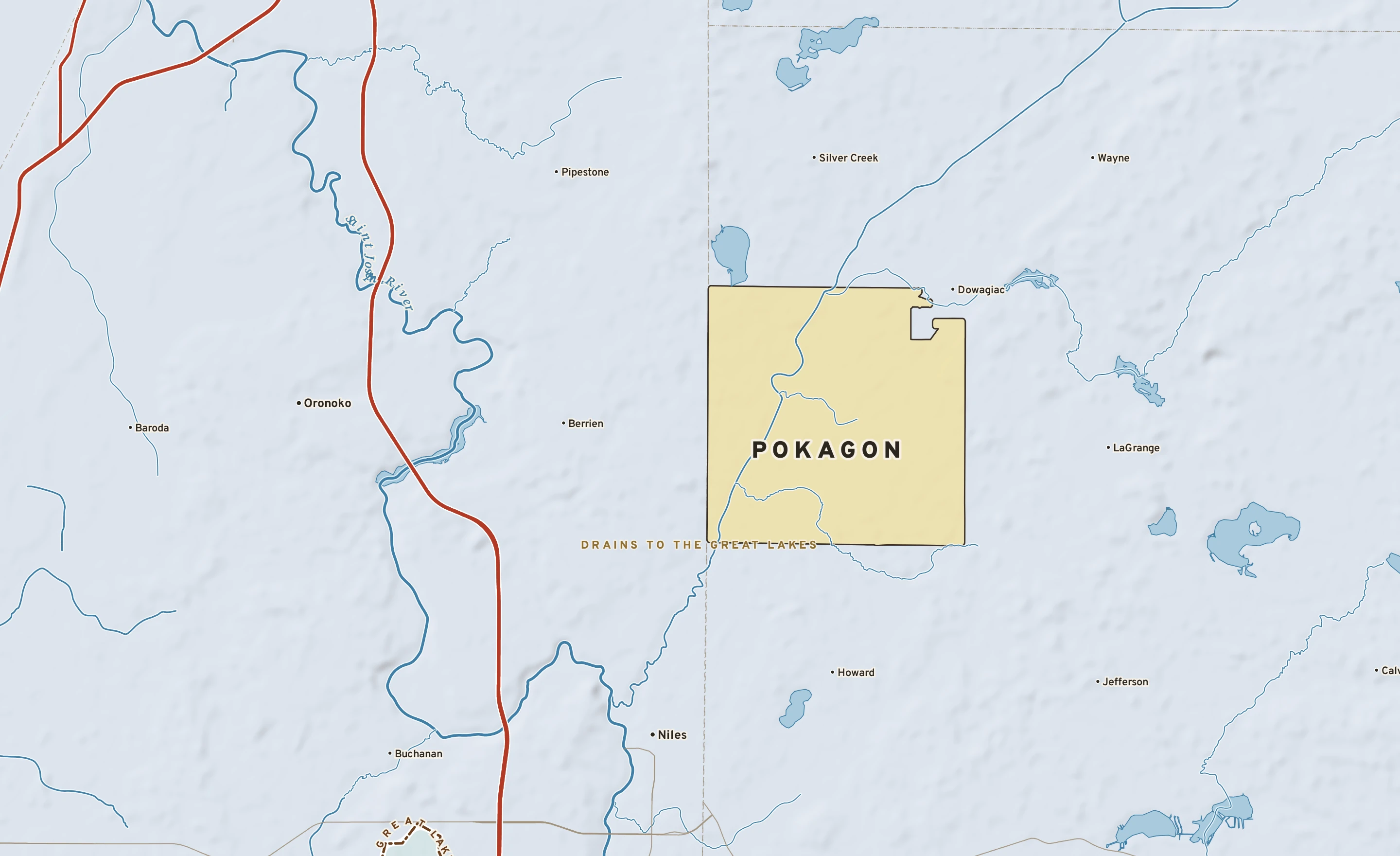 Shaded-relief atlas plate of Pokagon, Michigan: rivers, roads, the city limits and where the water drains.