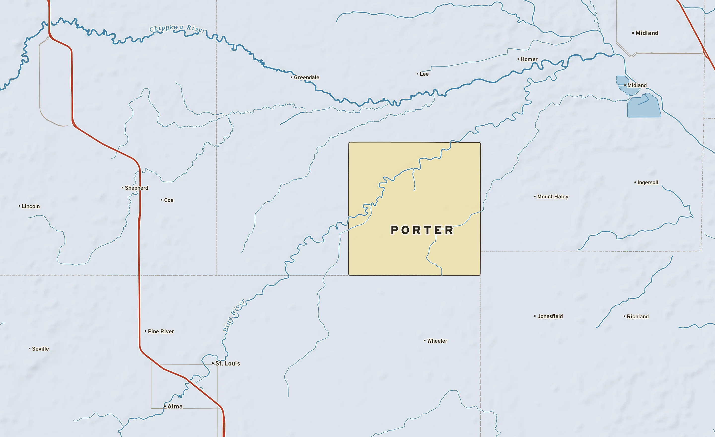 Shaded-relief atlas plate of Porter, Michigan: rivers, roads, the city limits and where the water drains.