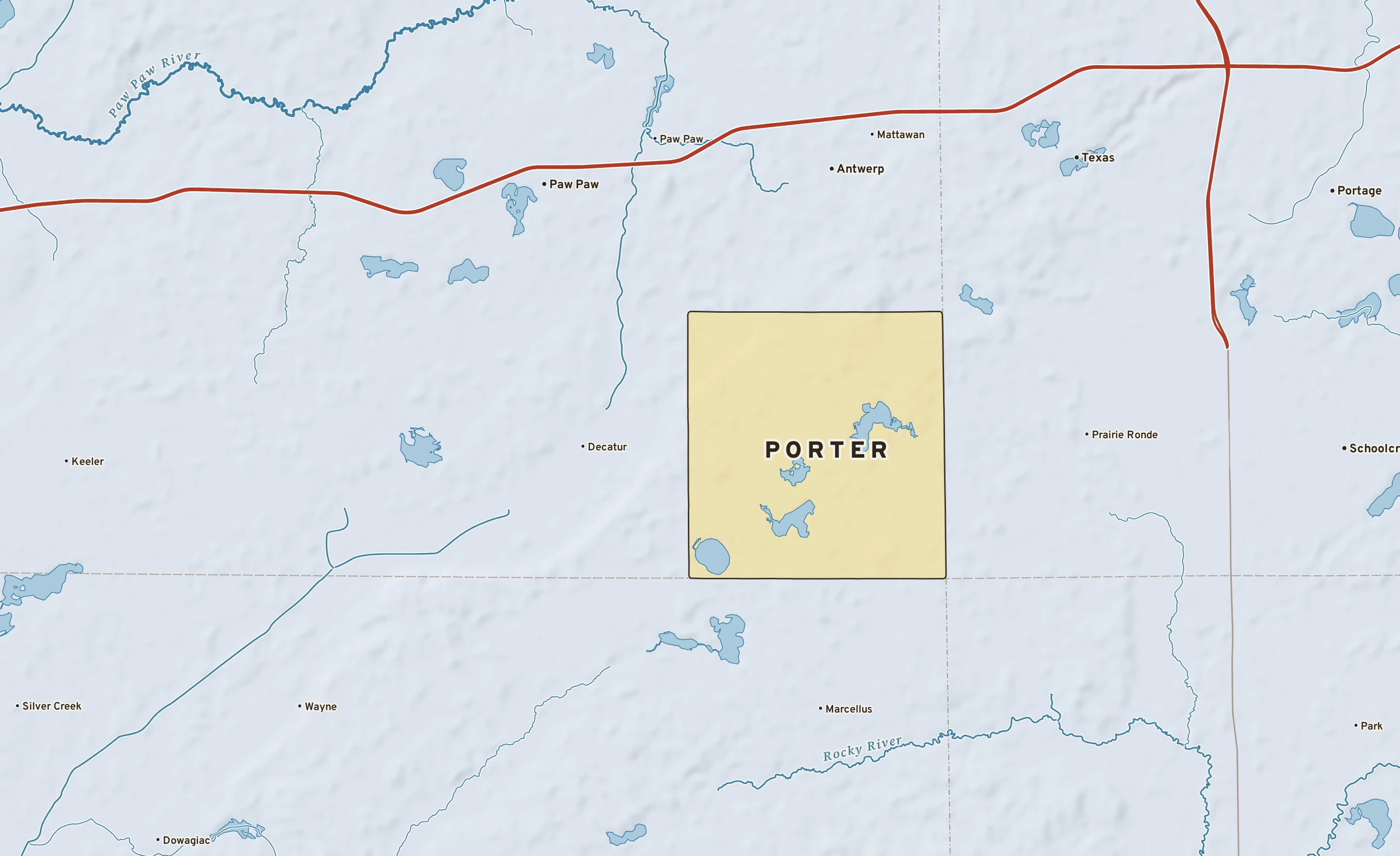 Shaded-relief atlas plate of Porter, Michigan: rivers, roads, the city limits and where the water drains.