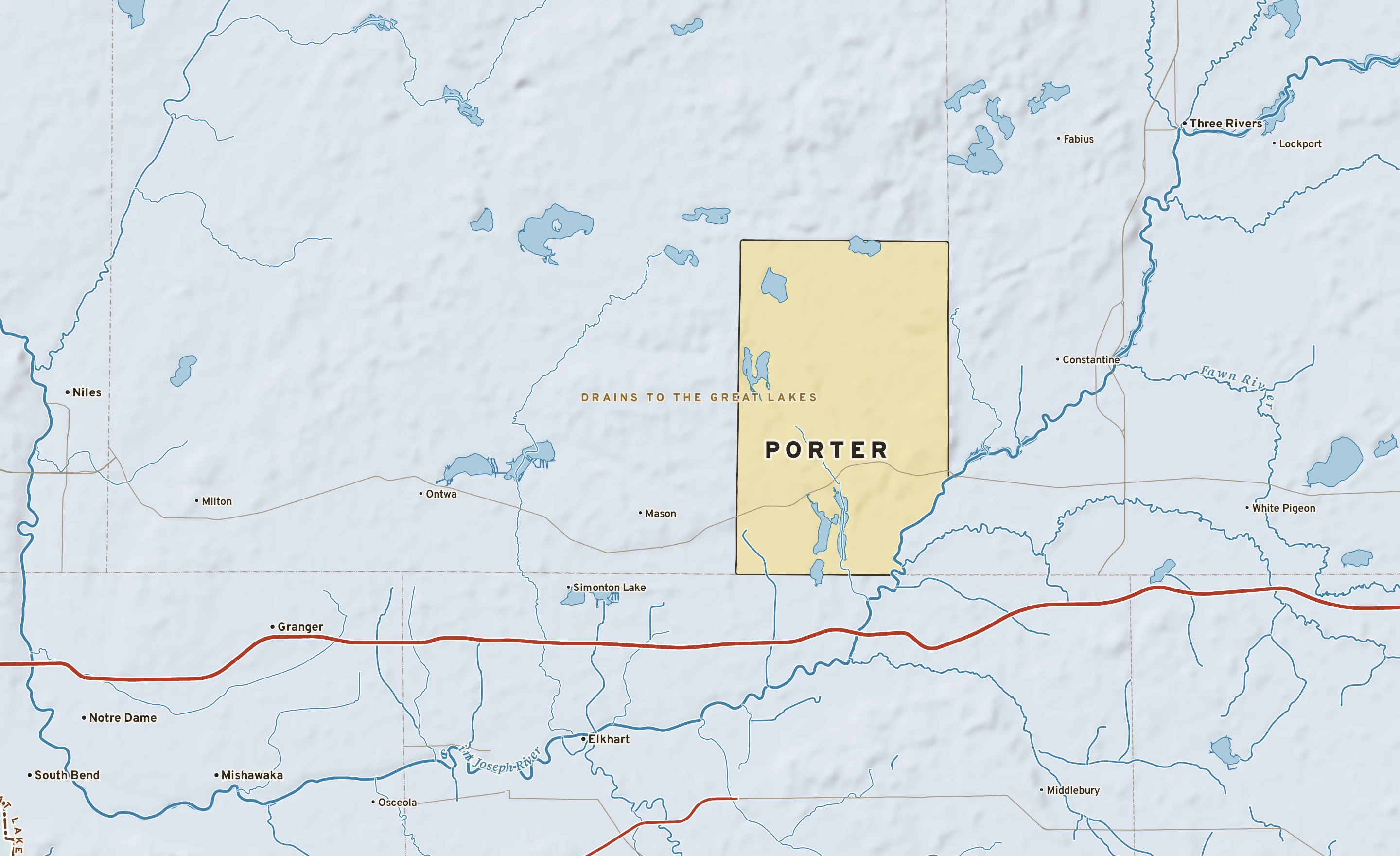 Shaded-relief atlas plate of Porter, Michigan: rivers, roads, the city limits and where the water drains.