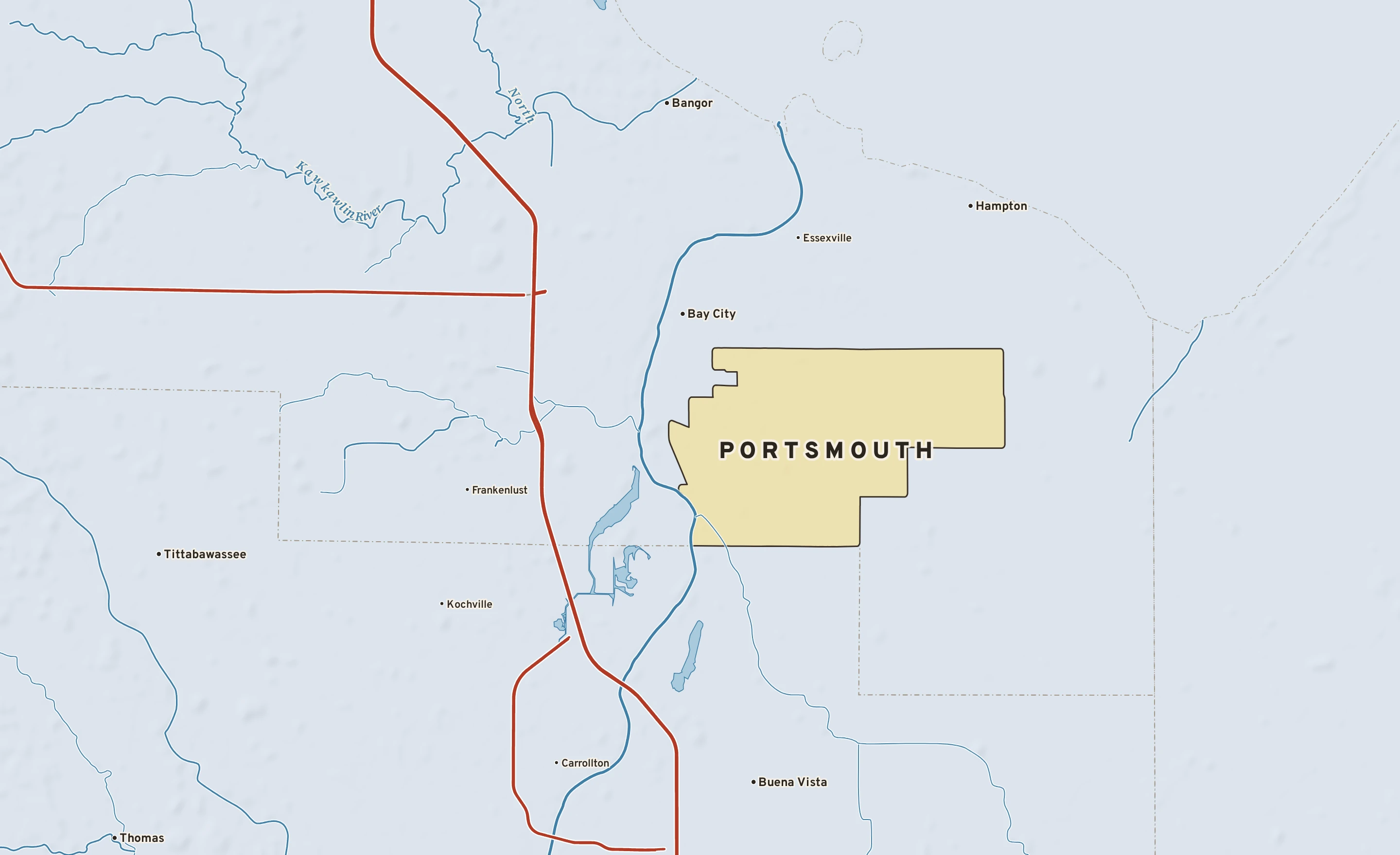 Shaded-relief atlas plate of Portsmouth, Michigan: rivers, roads, the city limits and where the water drains.