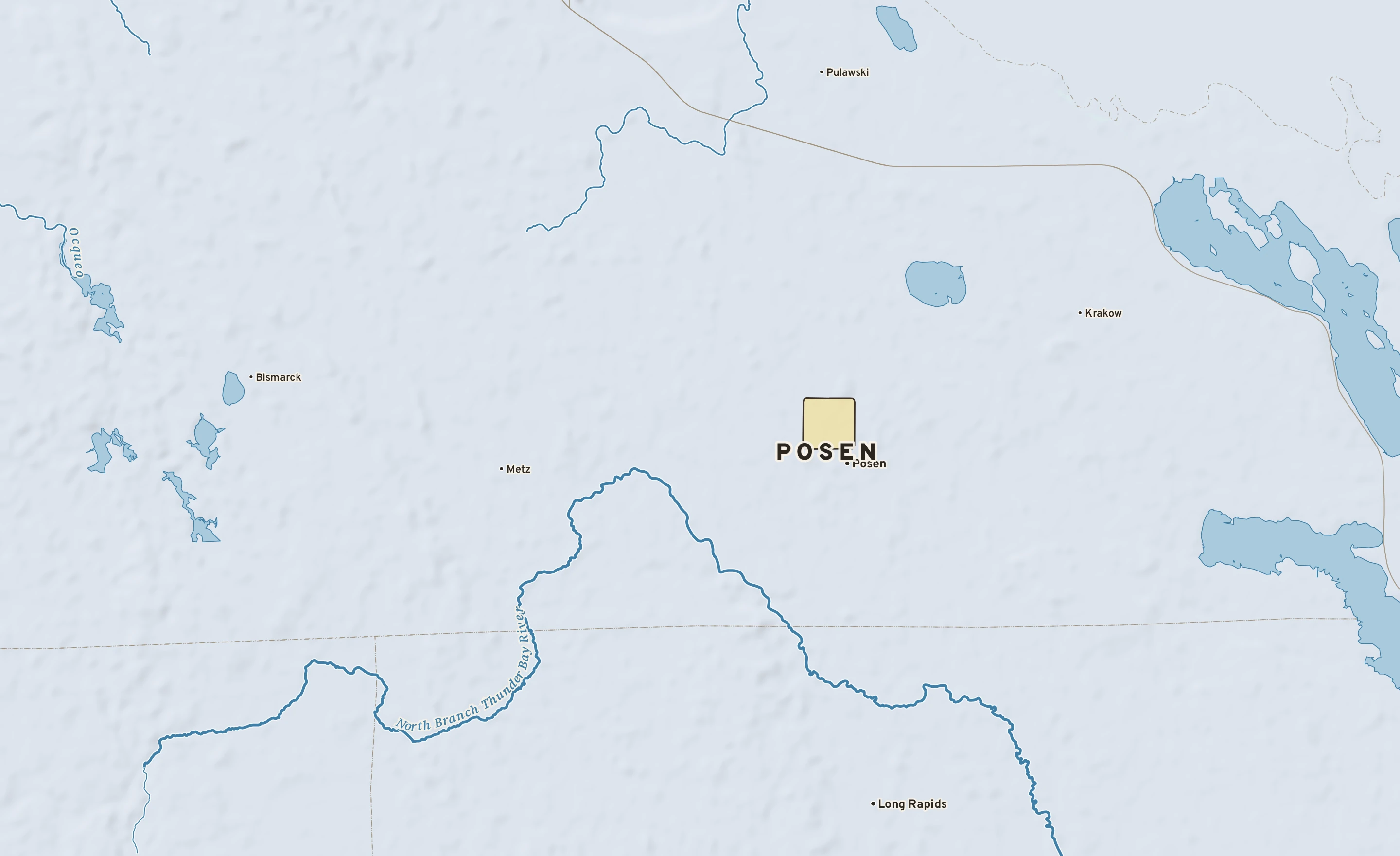 Shaded-relief atlas plate of Posen, Michigan: rivers, roads, the city limits and where the water drains.