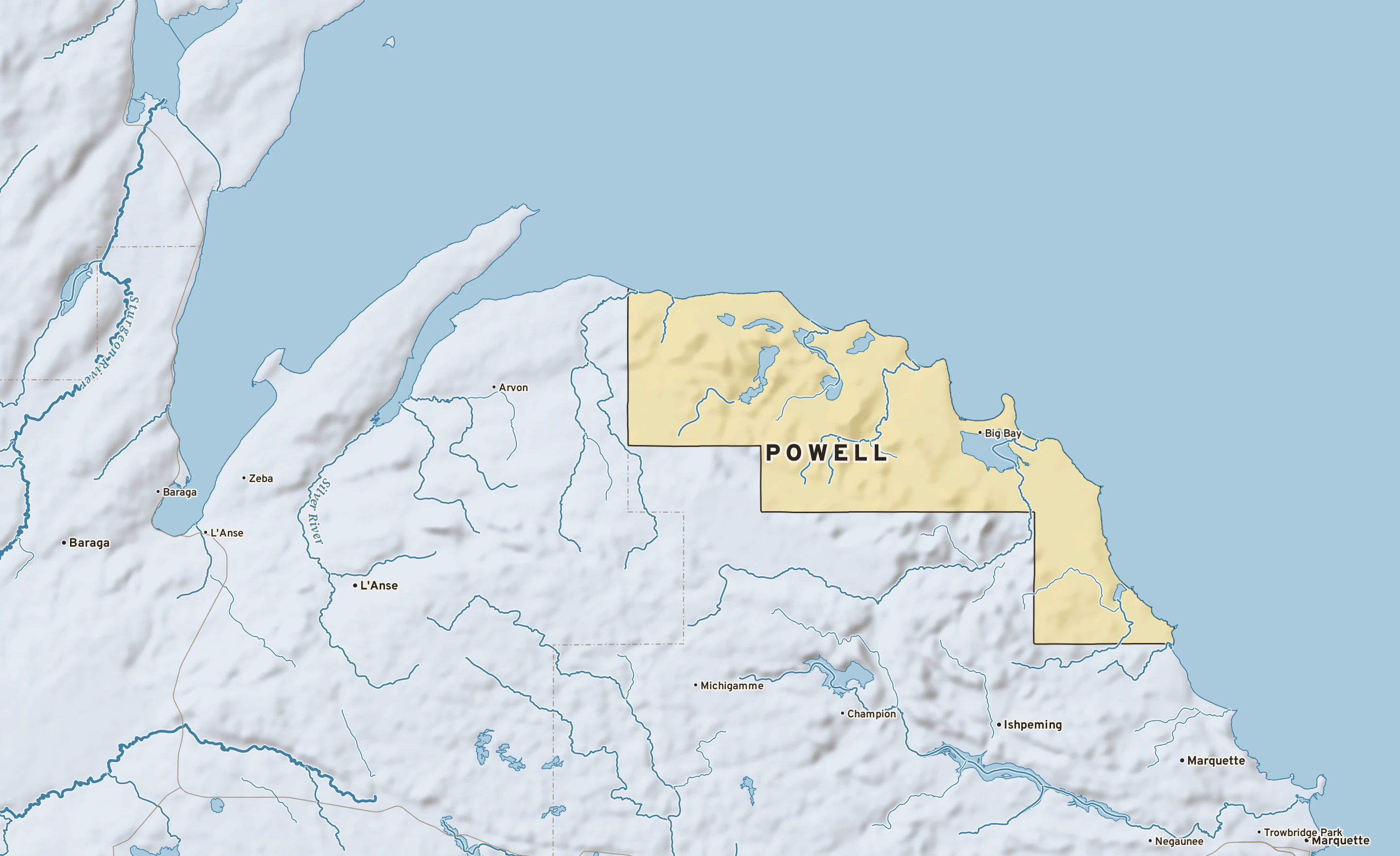 Shaded-relief atlas plate of Powell, Michigan: rivers, roads, the city limits and where the water drains.