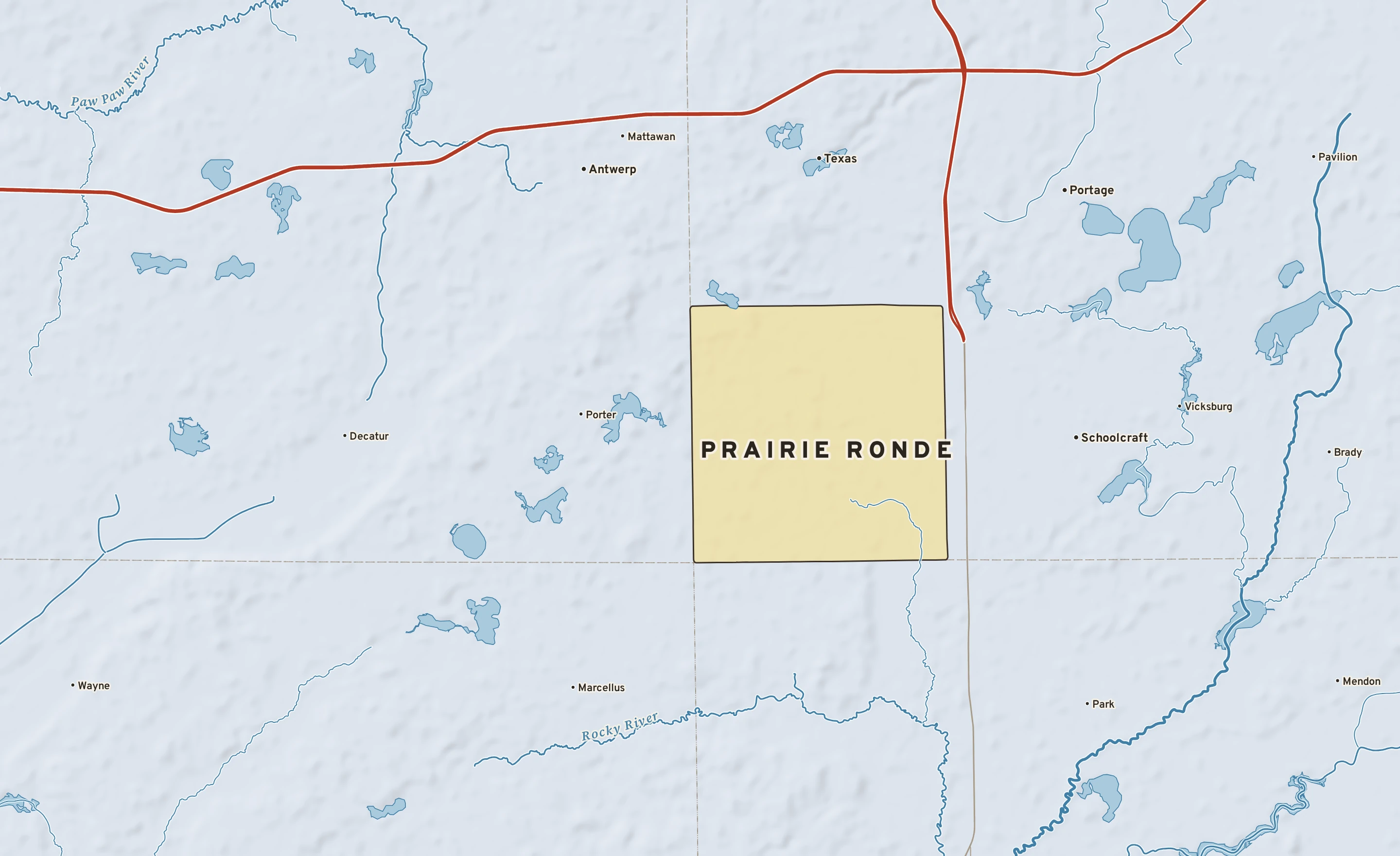 Shaded-relief atlas plate of Prairie Ronde, Michigan: rivers, roads, the city limits and where the water drains.