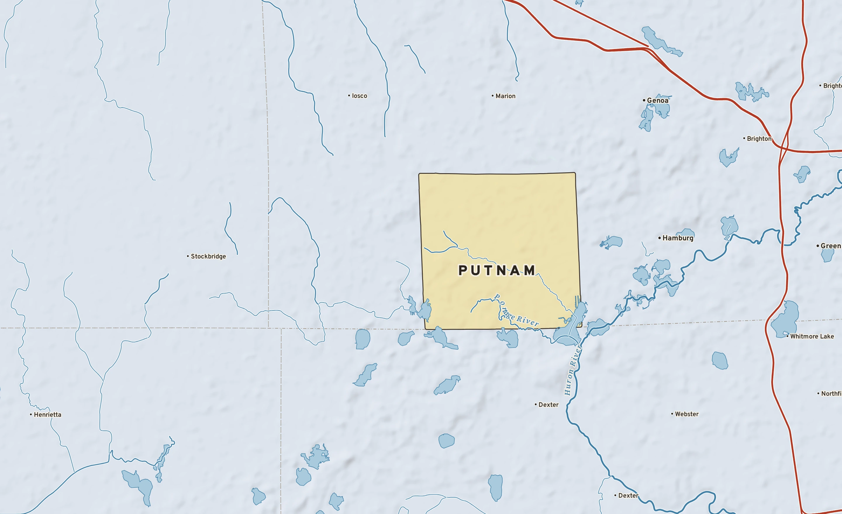 Shaded-relief atlas plate of Putnam, Michigan: rivers, roads, the city limits and where the water drains.