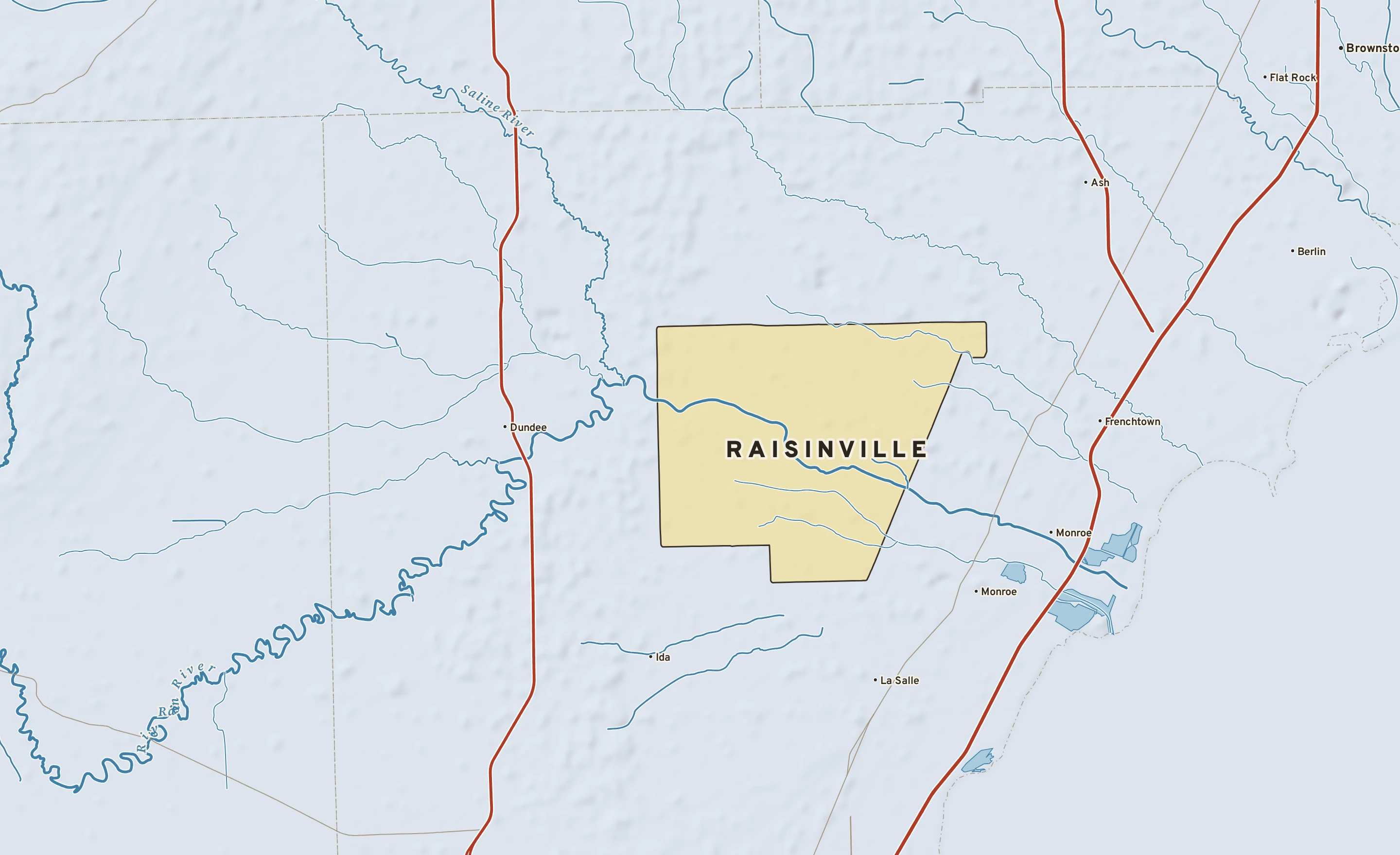Shaded-relief atlas plate of Raisinville, Michigan: rivers, roads, the city limits and where the water drains.