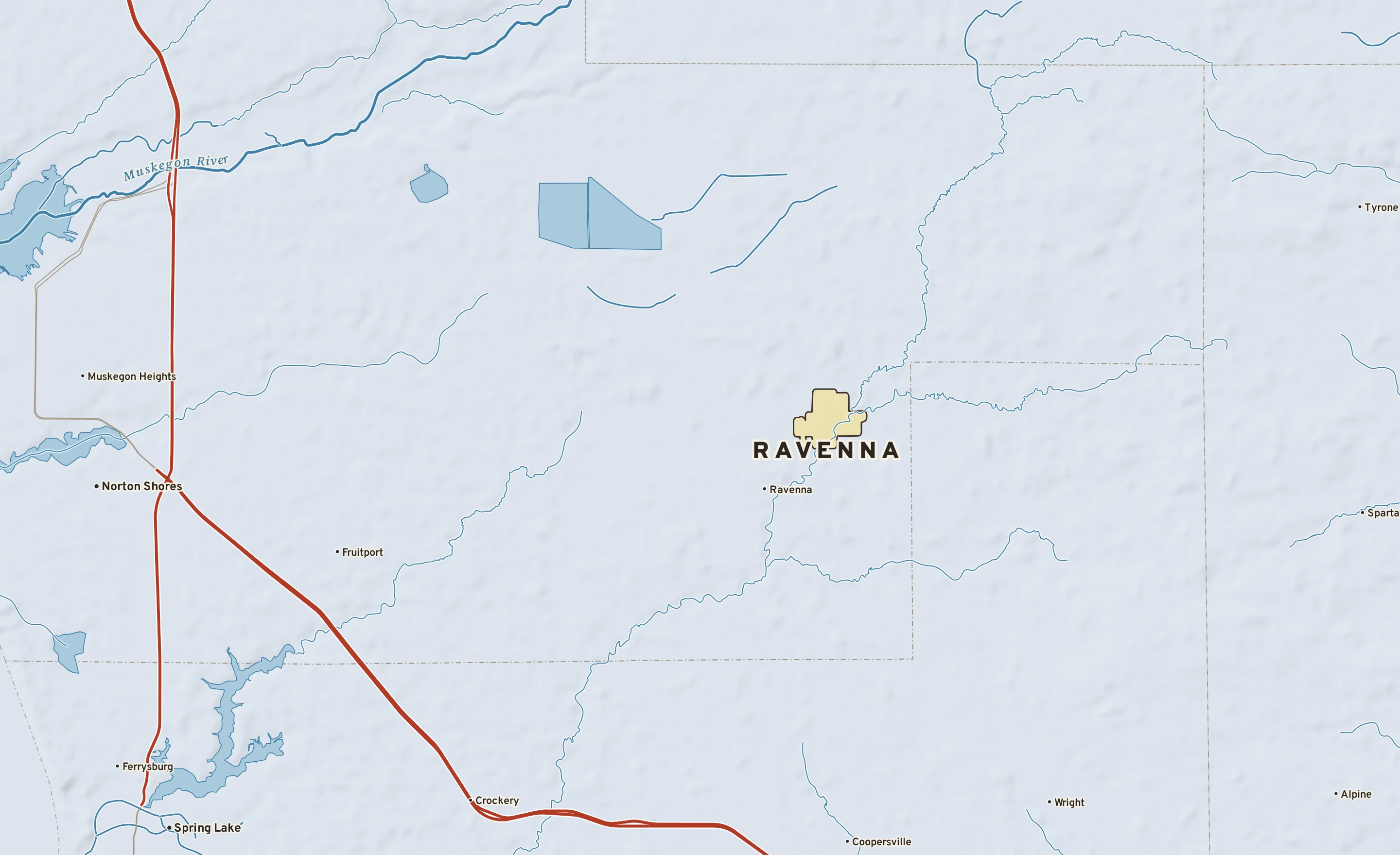 Shaded-relief atlas plate of Ravenna, Michigan: rivers, roads, the city limits and where the water drains.