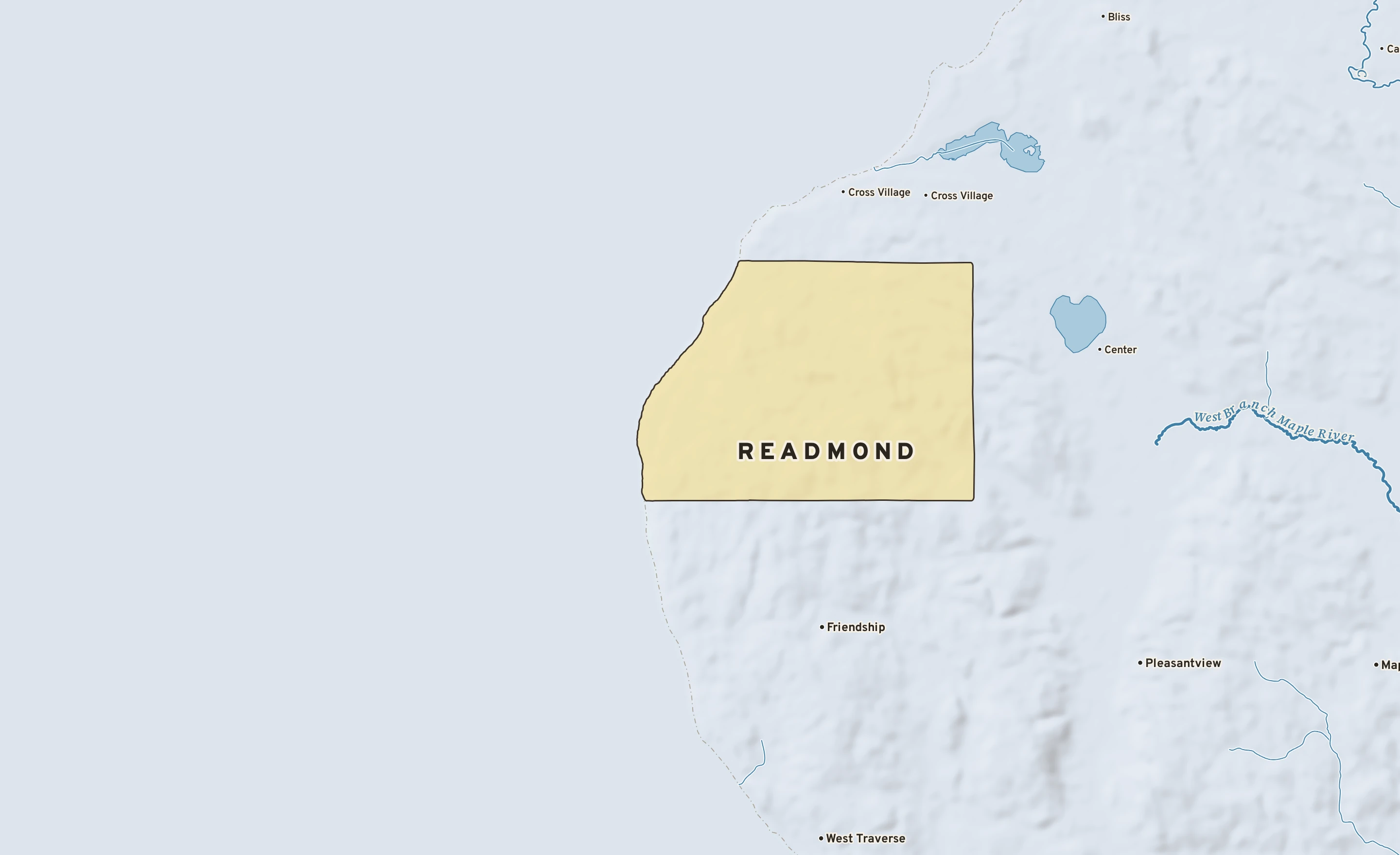 Shaded-relief atlas plate of Readmond, Michigan: rivers, roads, the city limits and where the water drains.