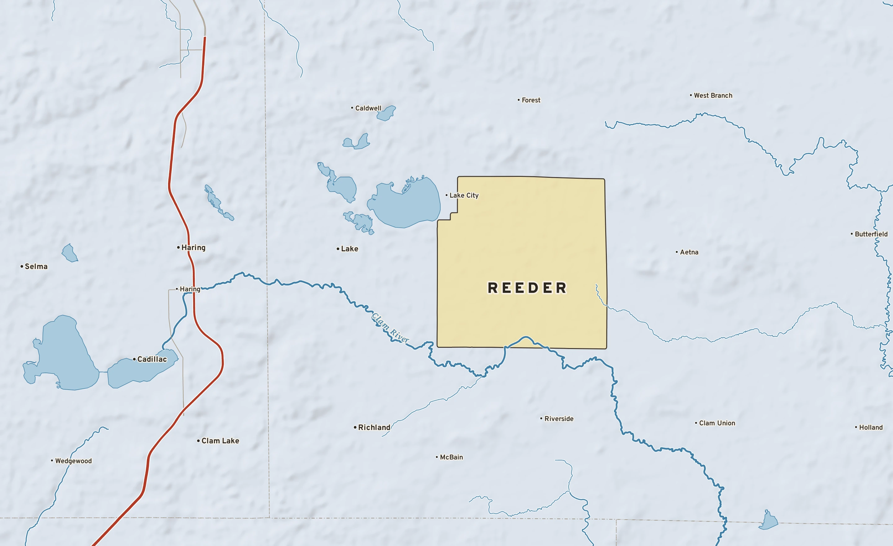 Shaded-relief atlas plate of Reeder, Michigan: rivers, roads, the city limits and where the water drains.