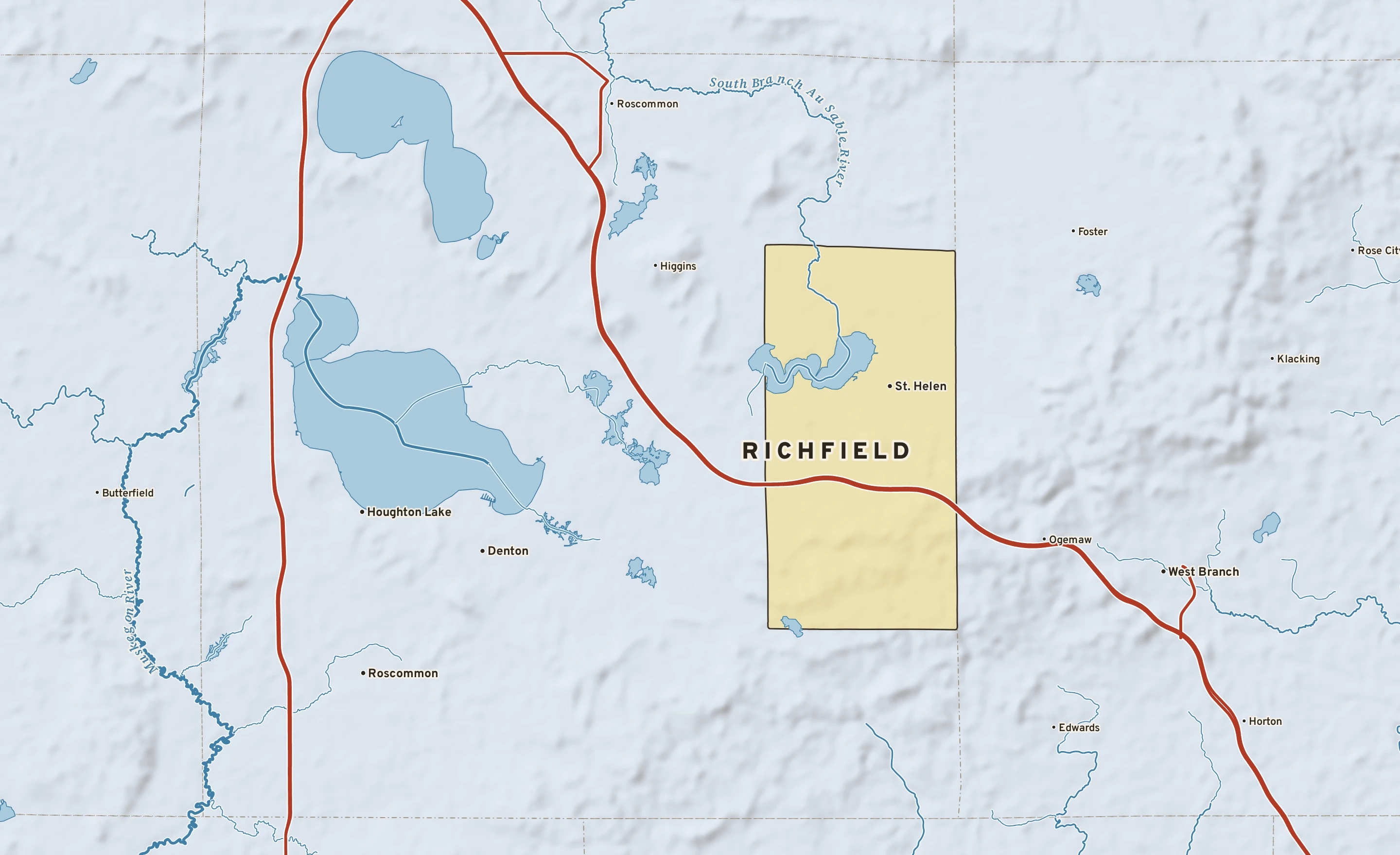 Shaded-relief atlas plate of Richfield, Michigan: rivers, roads, the city limits and where the water drains.