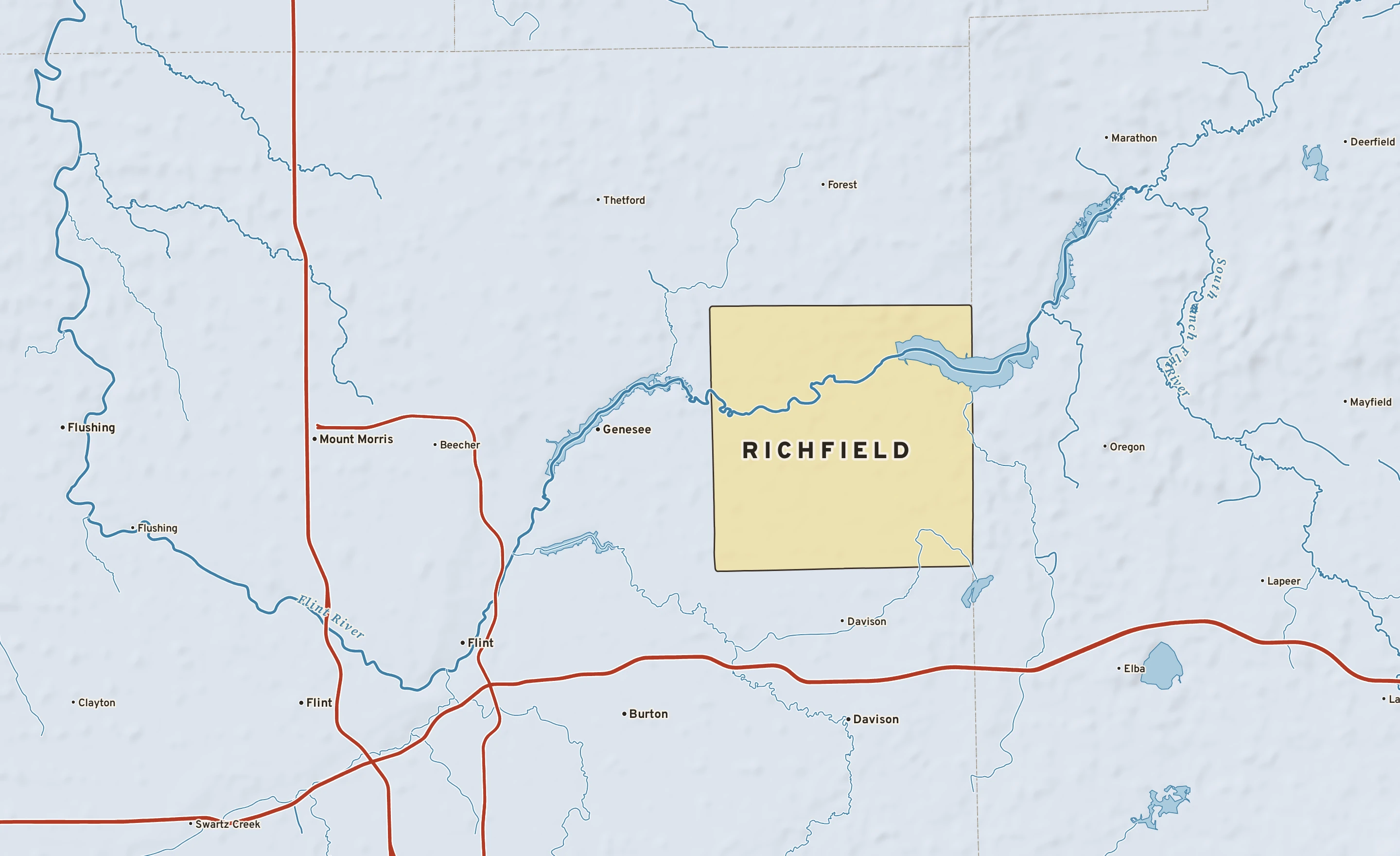 Shaded-relief atlas plate of Richfield, Michigan: rivers, roads, the city limits and where the water drains.