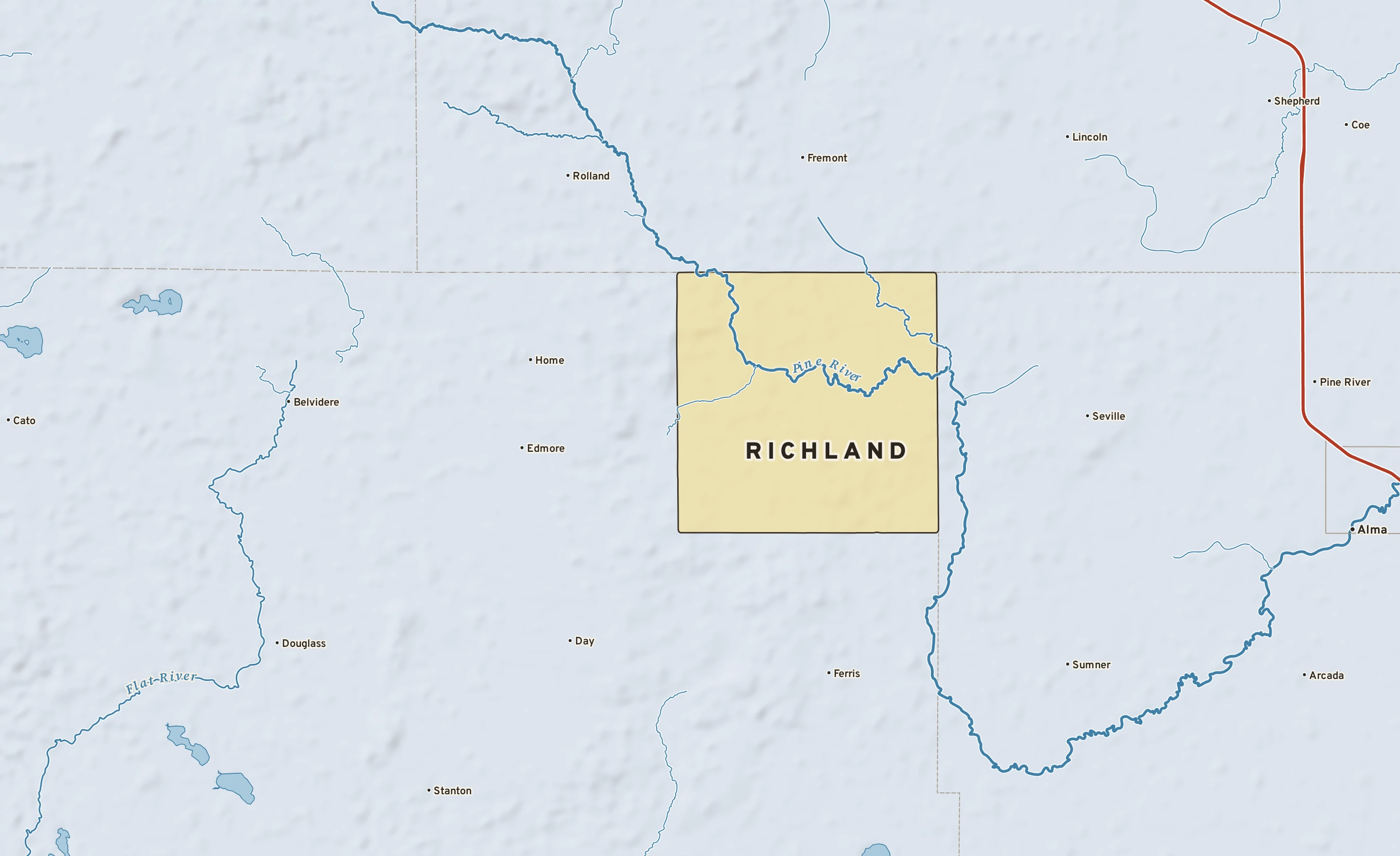 Shaded-relief atlas plate of Richland, Michigan: rivers, roads, the city limits and where the water drains.
