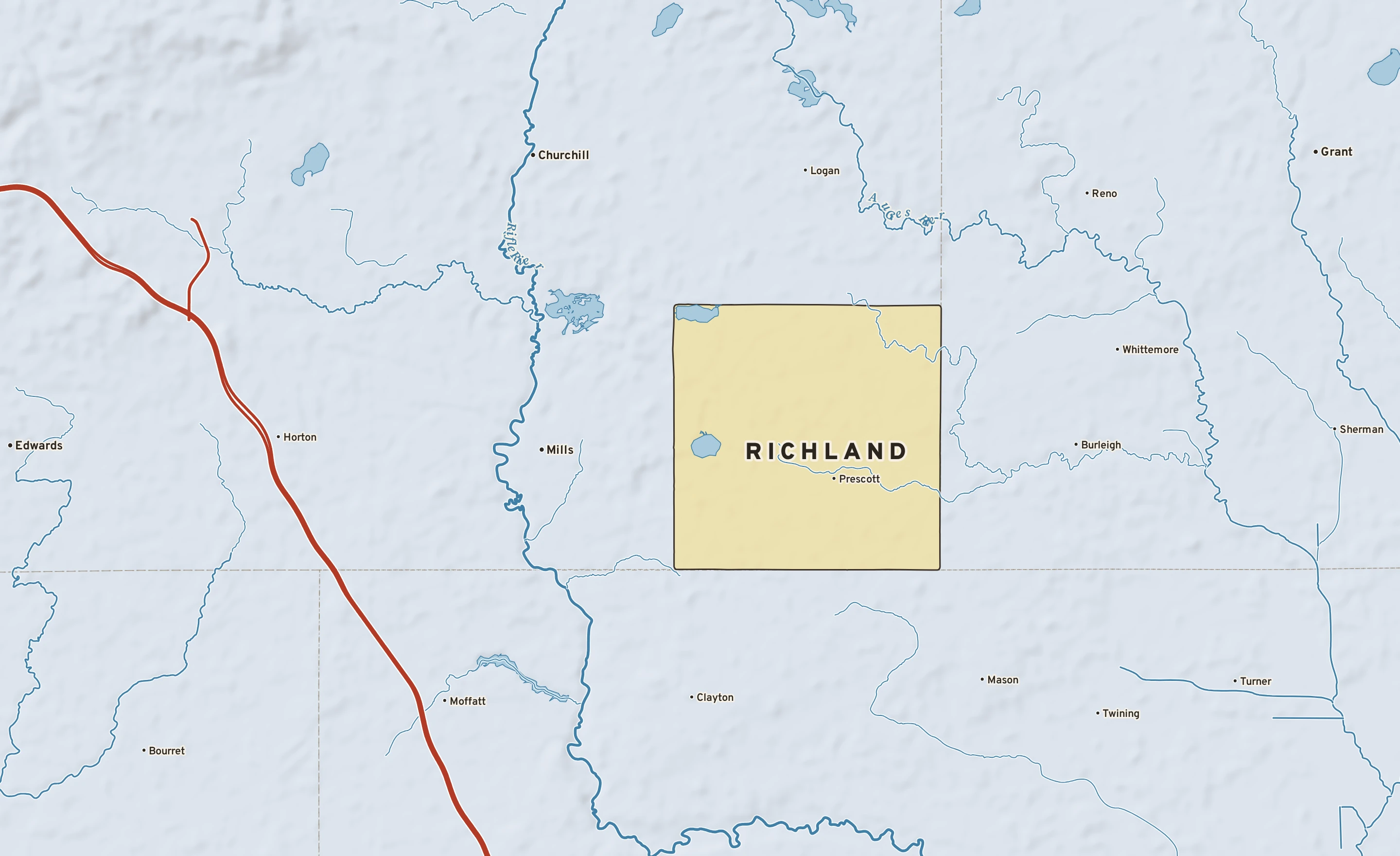 Shaded-relief atlas plate of Richland, Michigan: rivers, roads, the city limits and where the water drains.