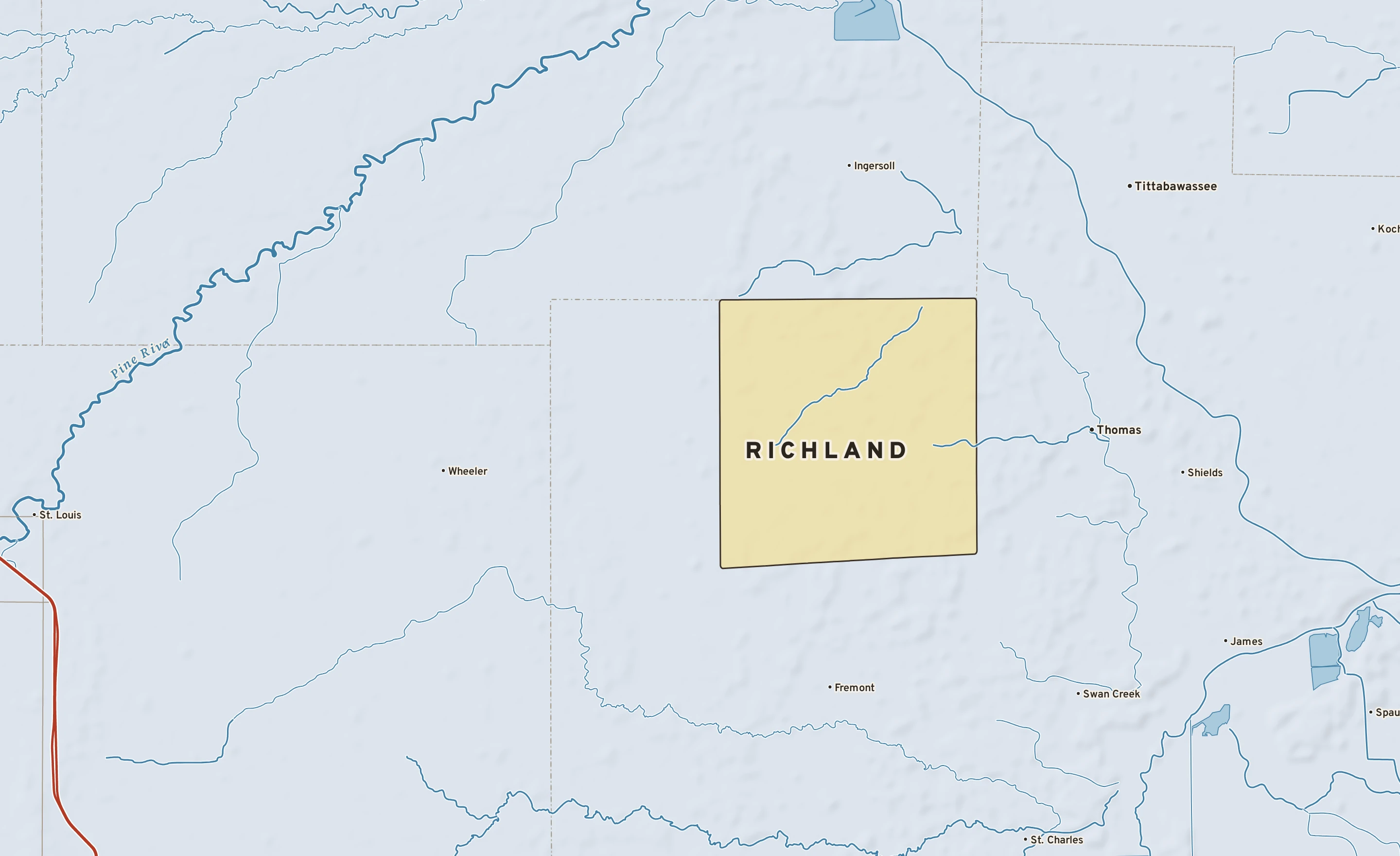 Shaded-relief atlas plate of Richland, Michigan: rivers, roads, the city limits and where the water drains.