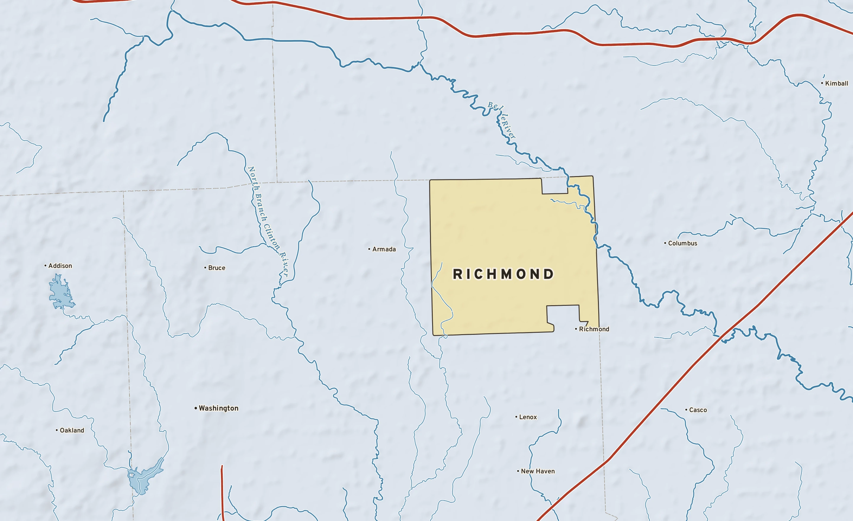 Shaded-relief atlas plate of Richmond, Michigan: rivers, roads, the city limits and where the water drains.