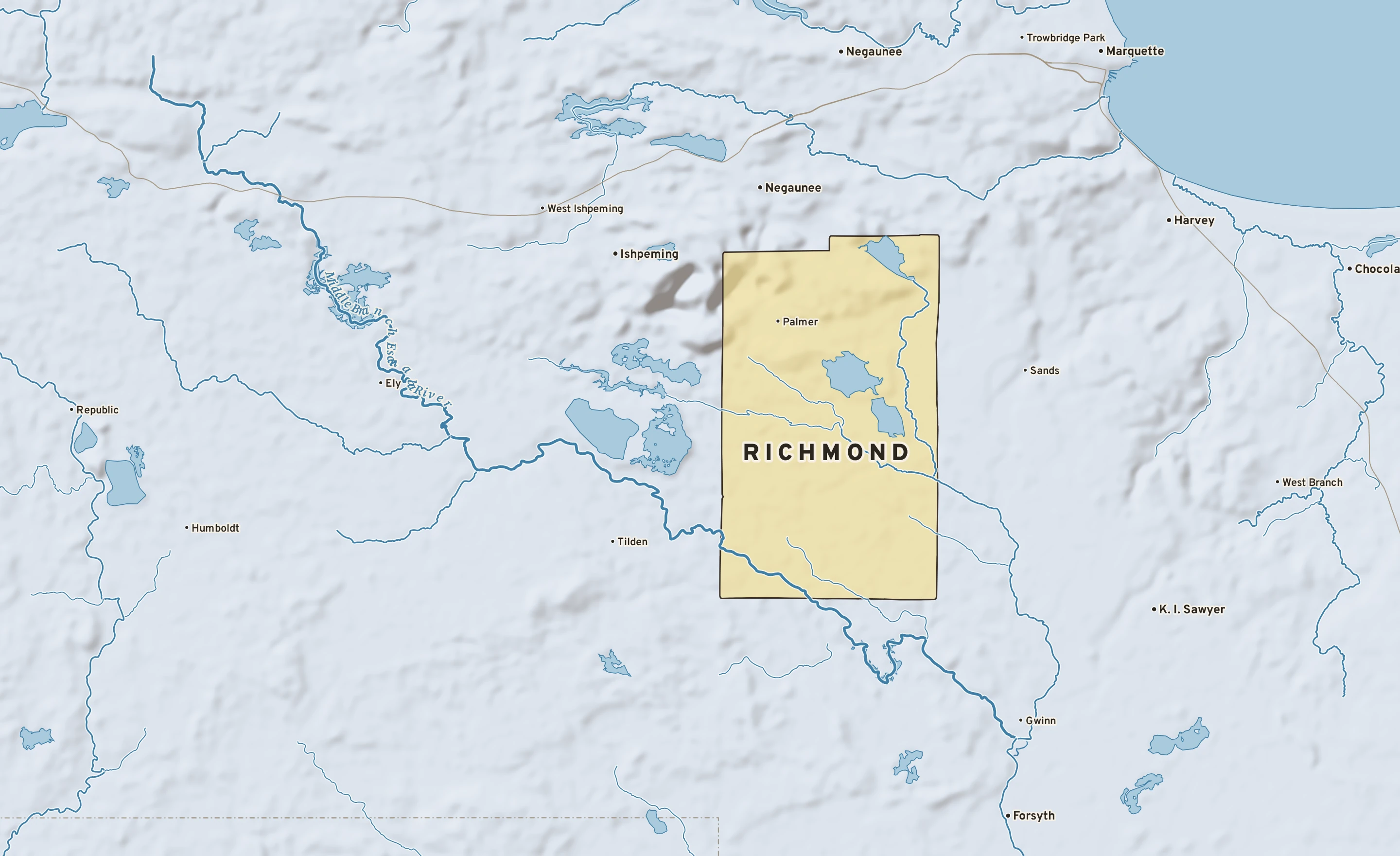 Shaded-relief atlas plate of Richmond, Michigan: rivers, roads, the city limits and where the water drains.