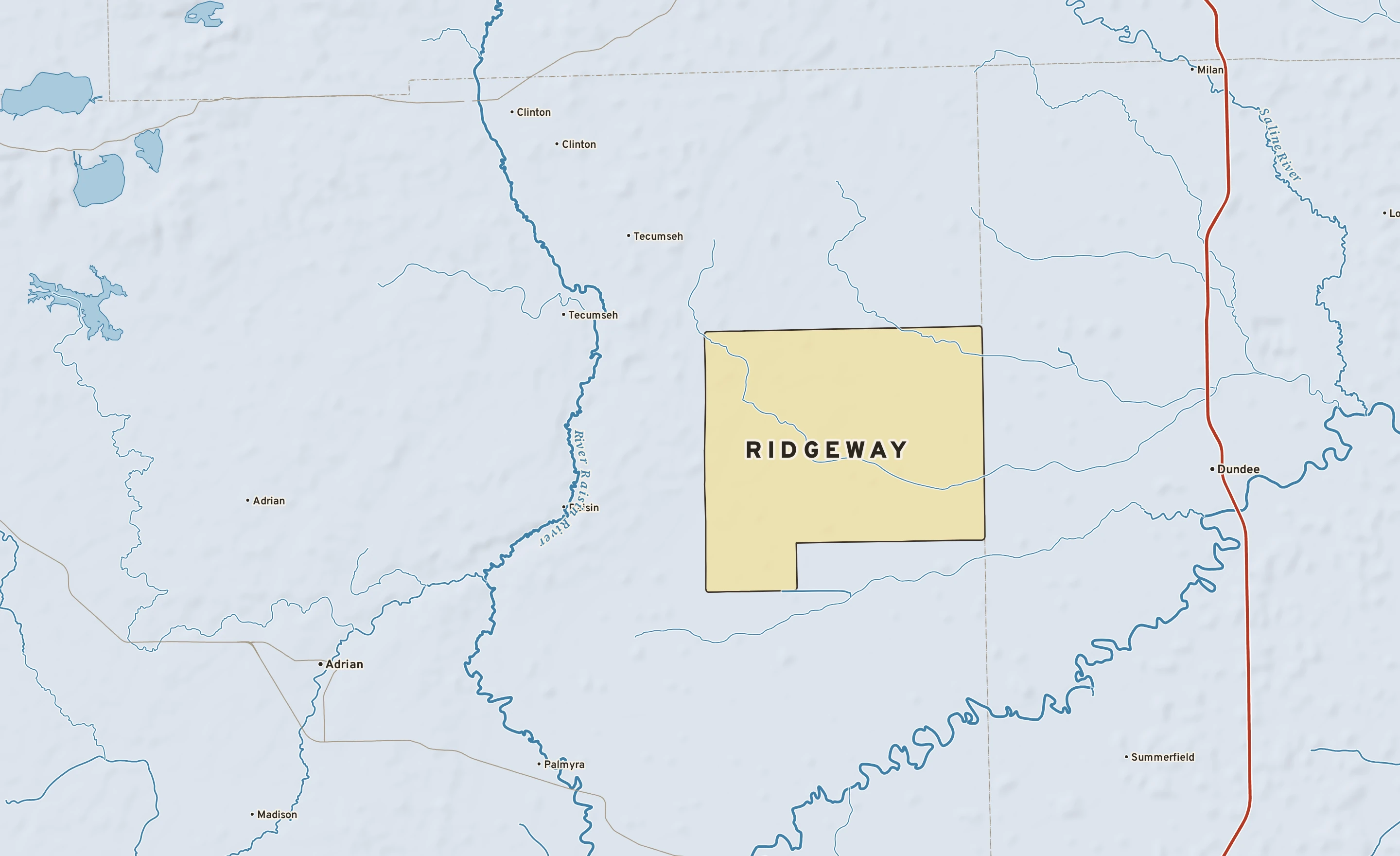 Shaded-relief atlas plate of Ridgeway, Michigan: rivers, roads, the city limits and where the water drains.