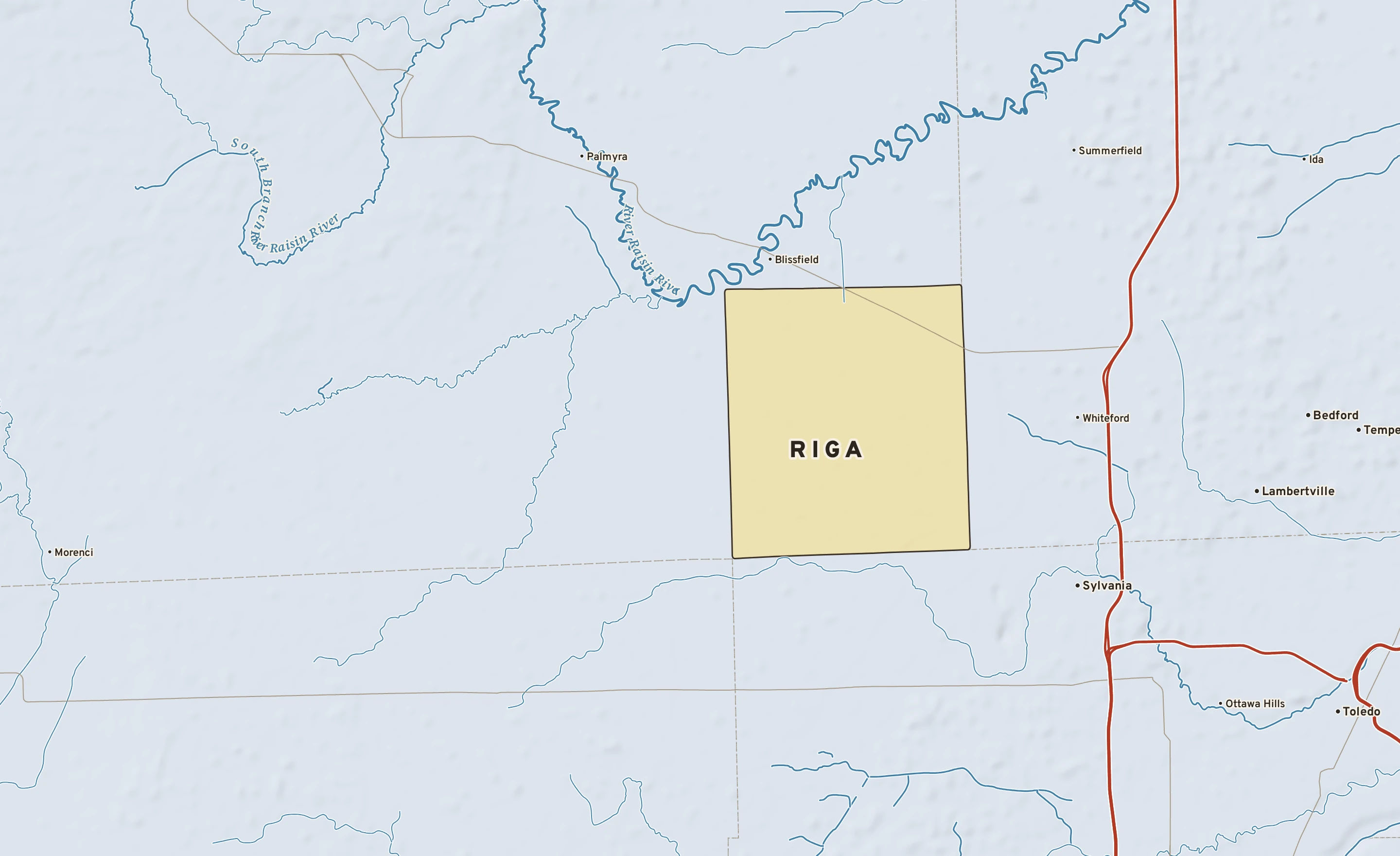 Shaded-relief atlas plate of Riga, Michigan: rivers, roads, the city limits and where the water drains.