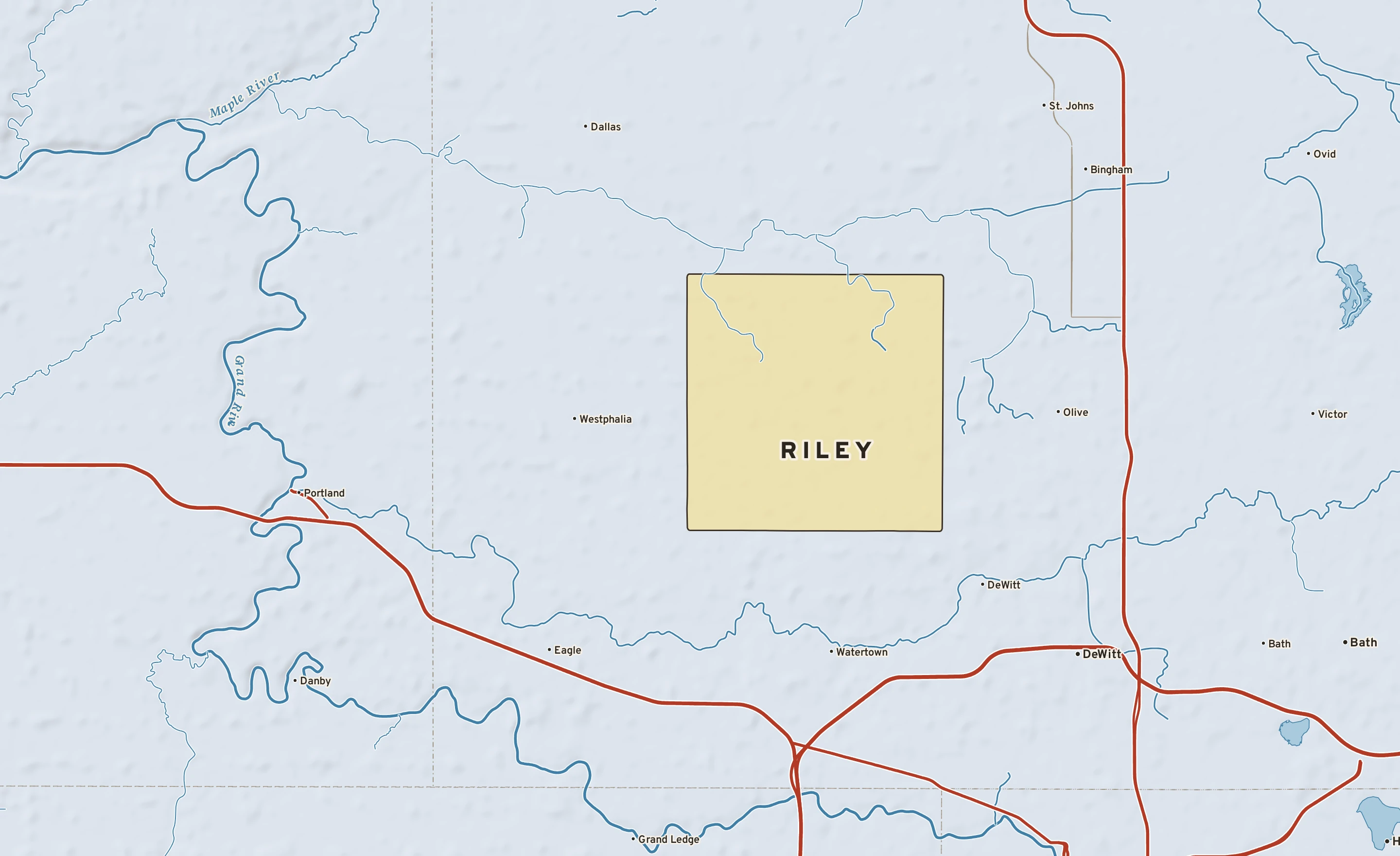 Shaded-relief atlas plate of Riley, Michigan: rivers, roads, the city limits and where the water drains.
