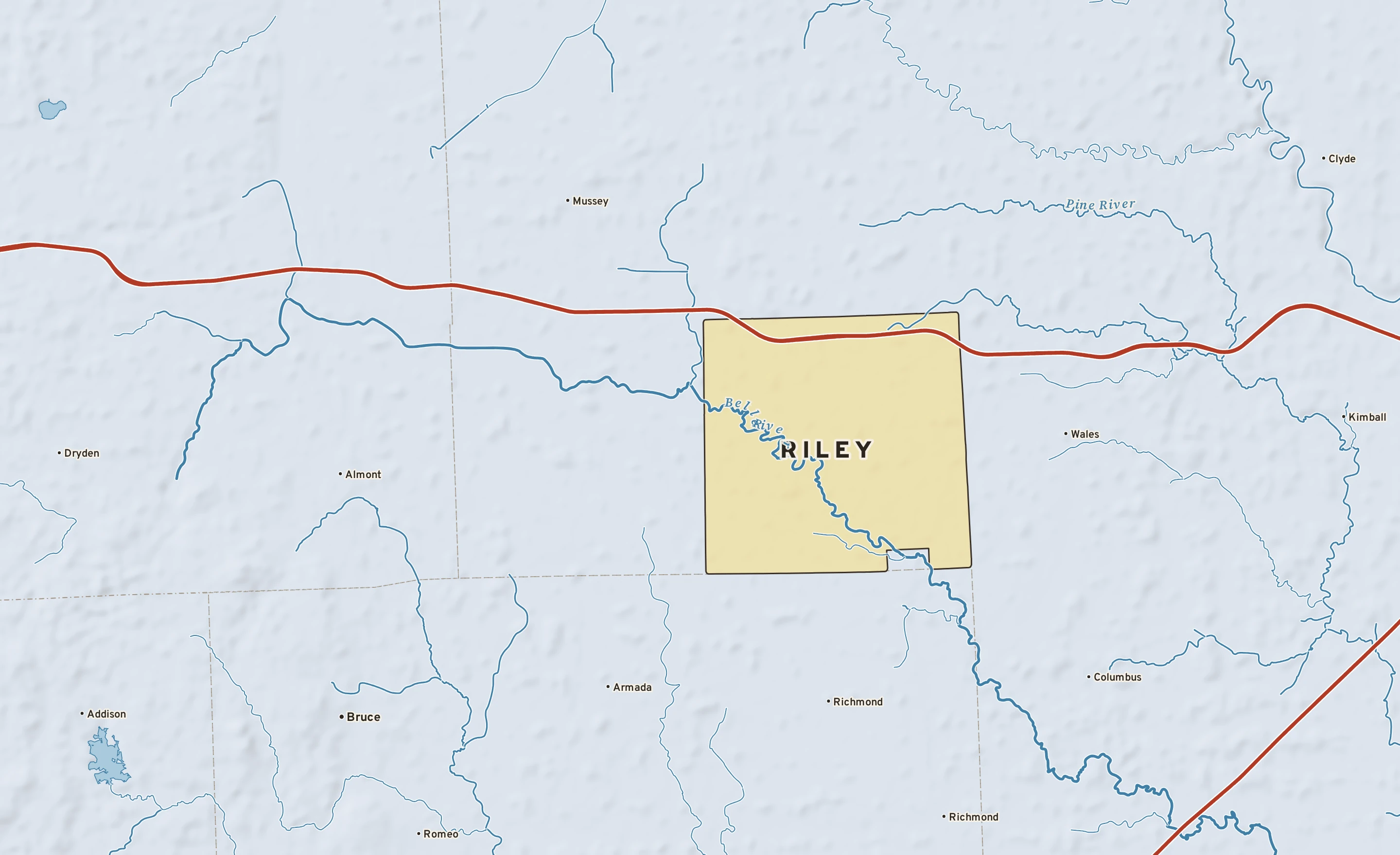 Shaded-relief atlas plate of Riley, Michigan: rivers, roads, the city limits and where the water drains.