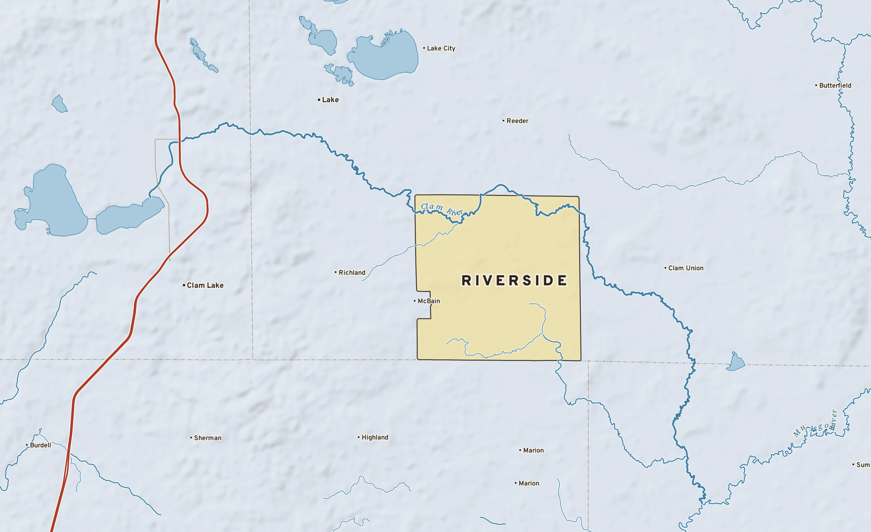 Shaded-relief atlas plate of Riverside, Michigan: rivers, roads, the city limits and where the water drains.