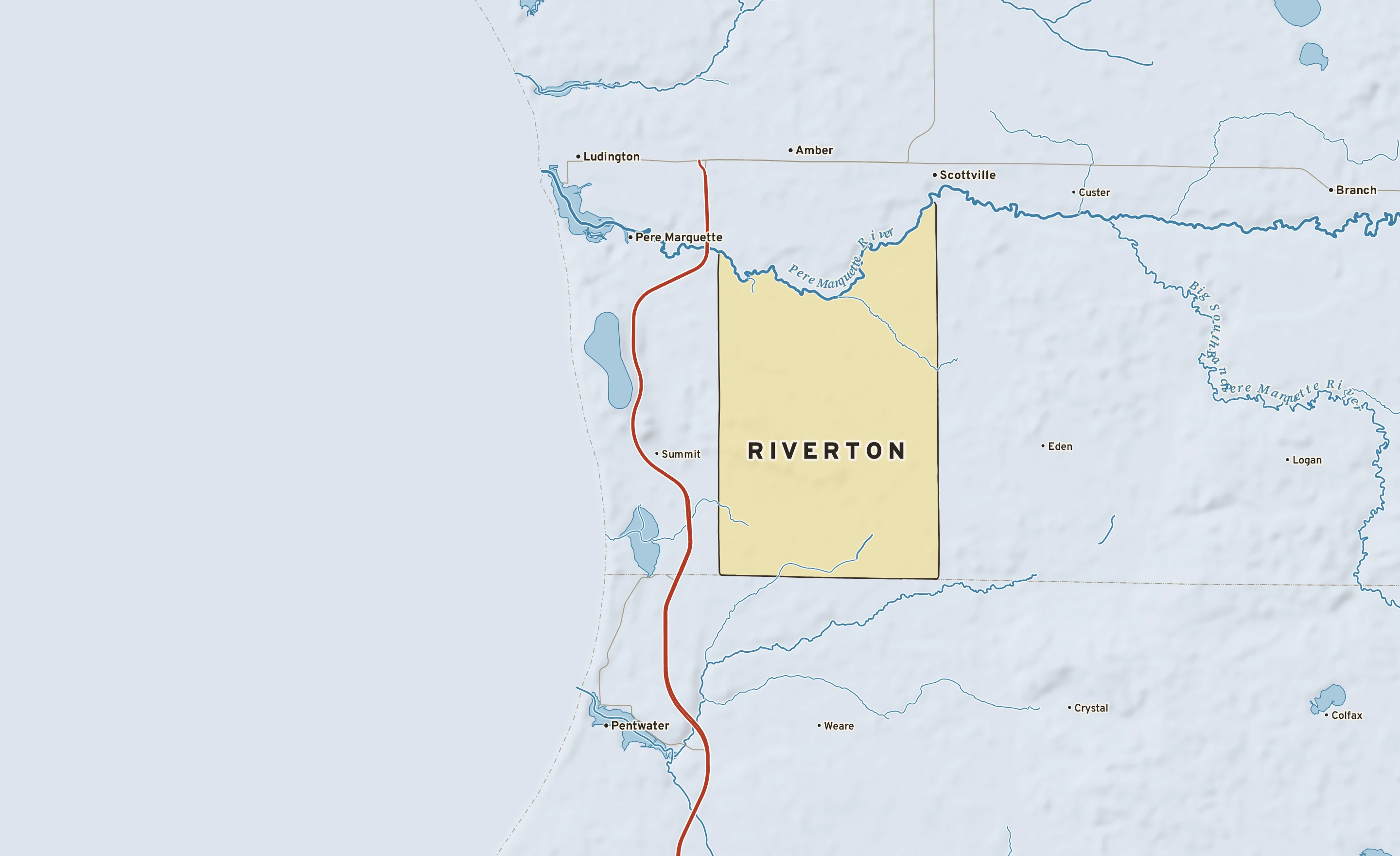Shaded-relief atlas plate of Riverton, Michigan: rivers, roads, the city limits and where the water drains.