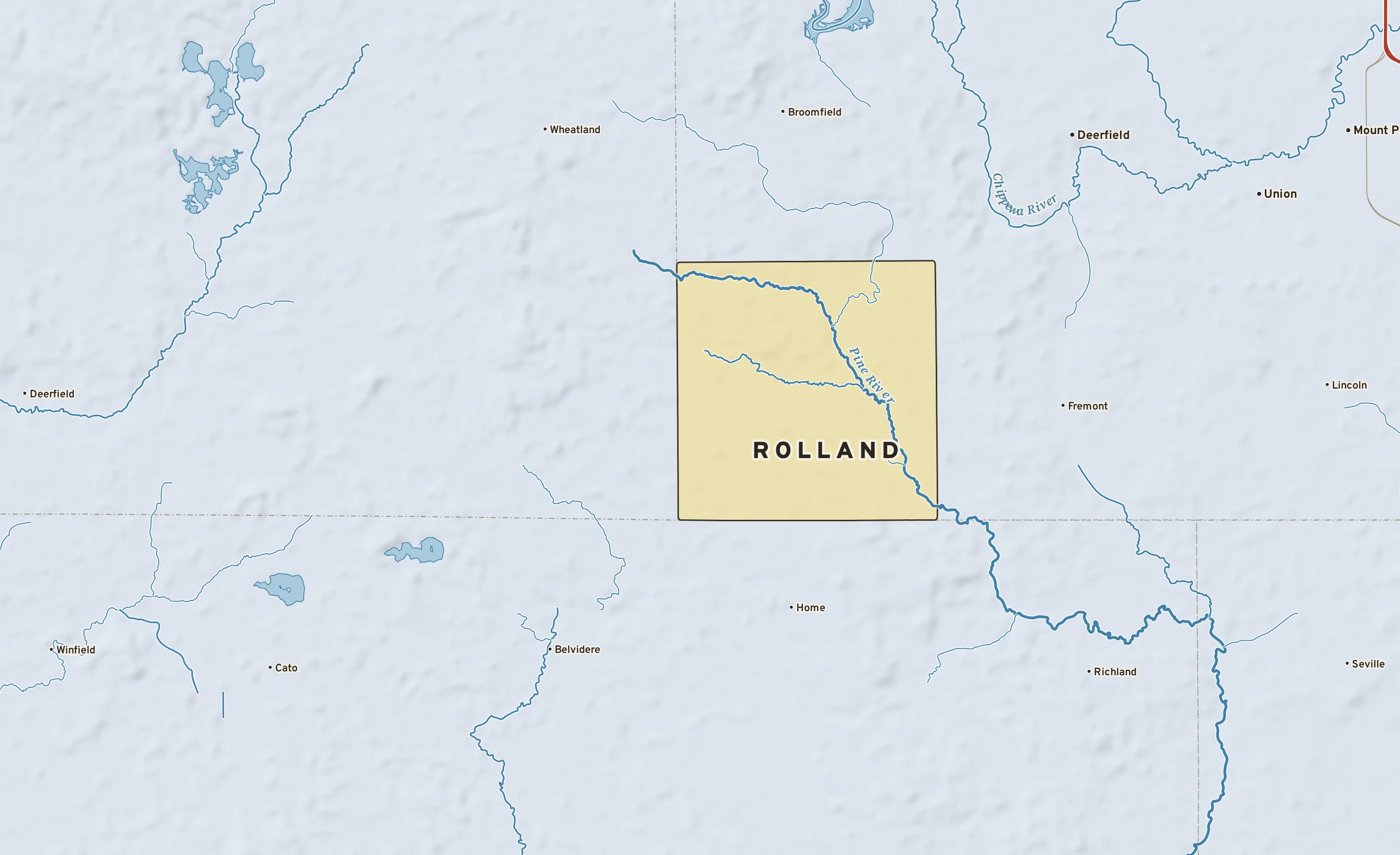 Shaded-relief atlas plate of Rolland, Michigan: rivers, roads, the city limits and where the water drains.