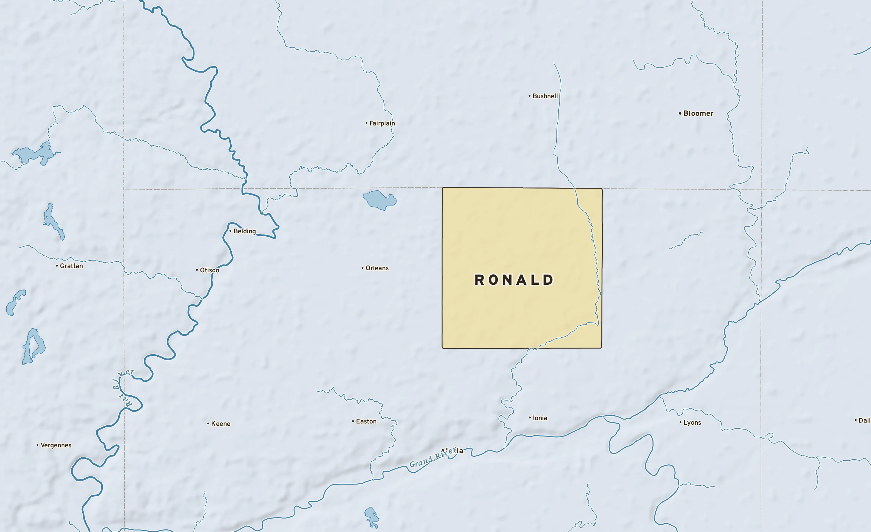 Shaded-relief atlas plate of Ronald, Michigan: rivers, roads, the city limits and where the water drains.
