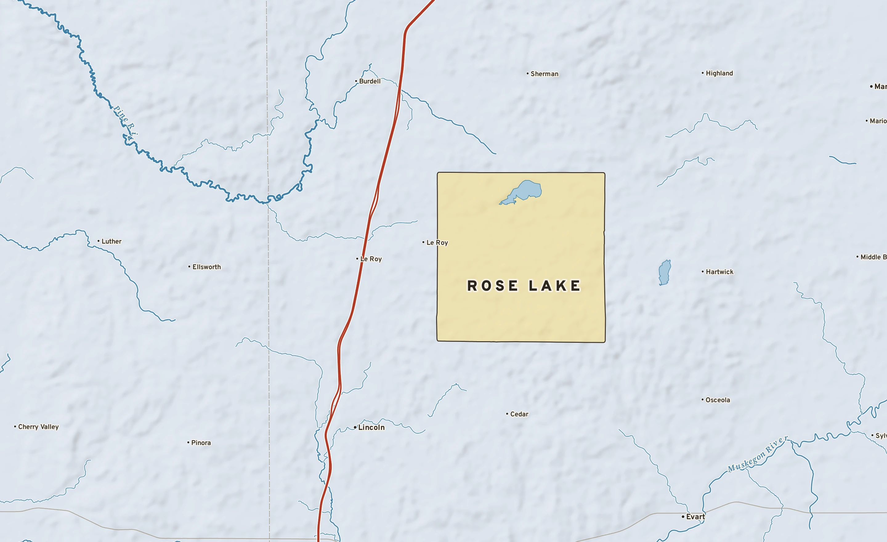Shaded-relief atlas plate of Rose Lake, Michigan: rivers, roads, the city limits and where the water drains.