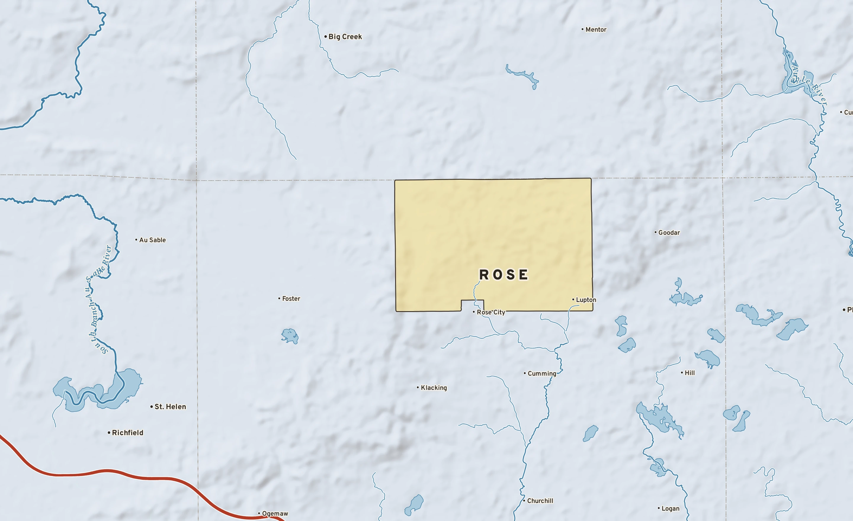 Shaded-relief atlas plate of Rose, Michigan: rivers, roads, the city limits and where the water drains.