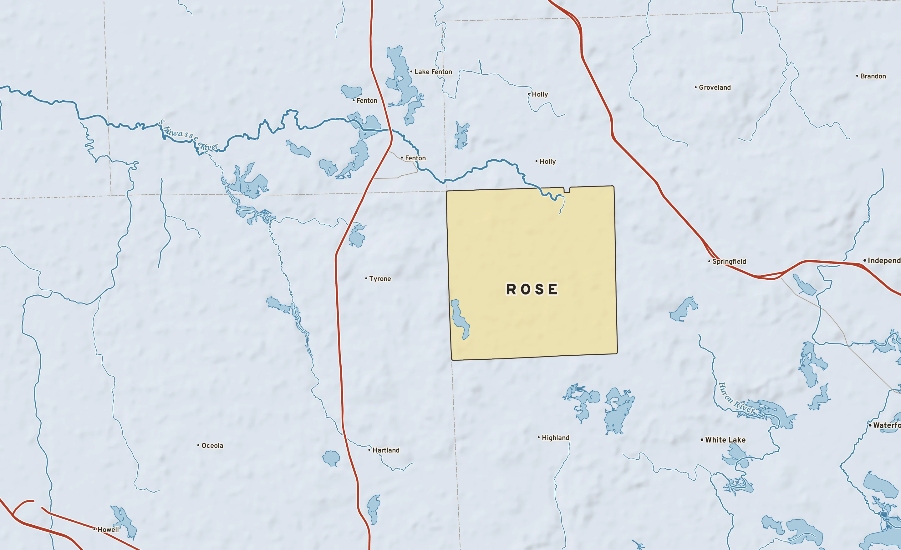 Shaded-relief atlas plate of Rose, Michigan: rivers, roads, the city limits and where the water drains.