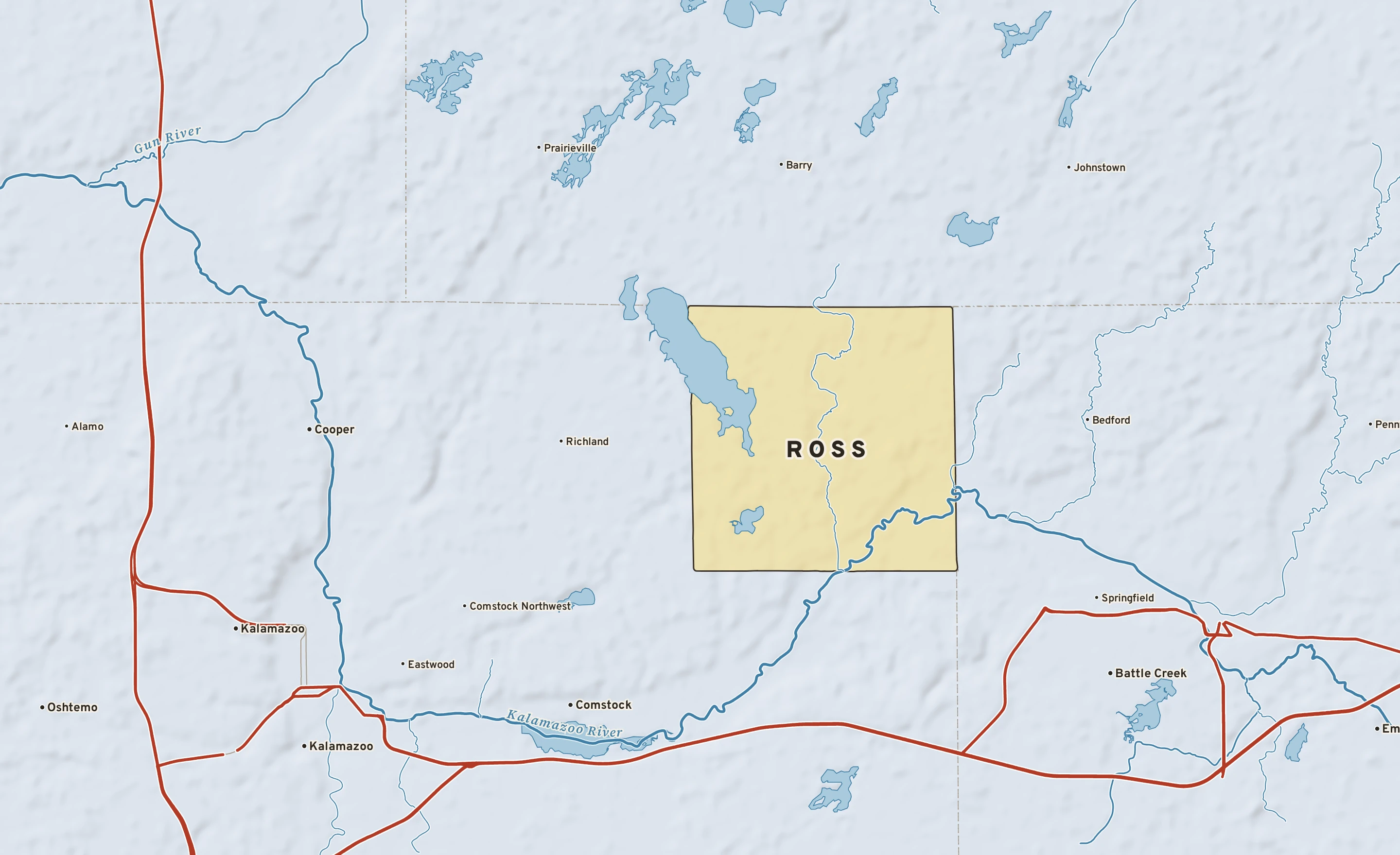 Shaded-relief atlas plate of Ross, Michigan: rivers, roads, the city limits and where the water drains.