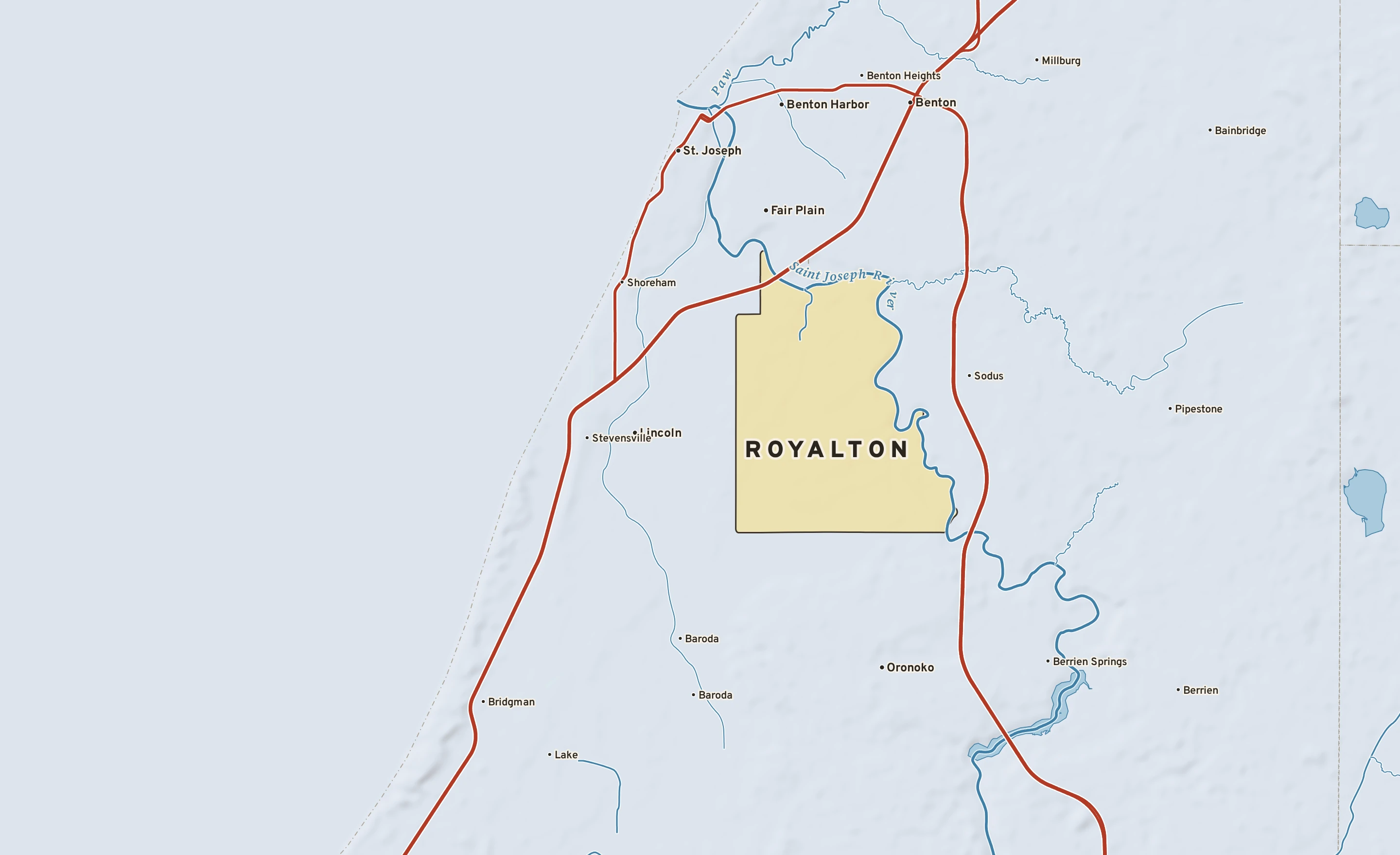 Shaded-relief atlas plate of Royalton, Michigan: rivers, roads, the city limits and where the water drains.