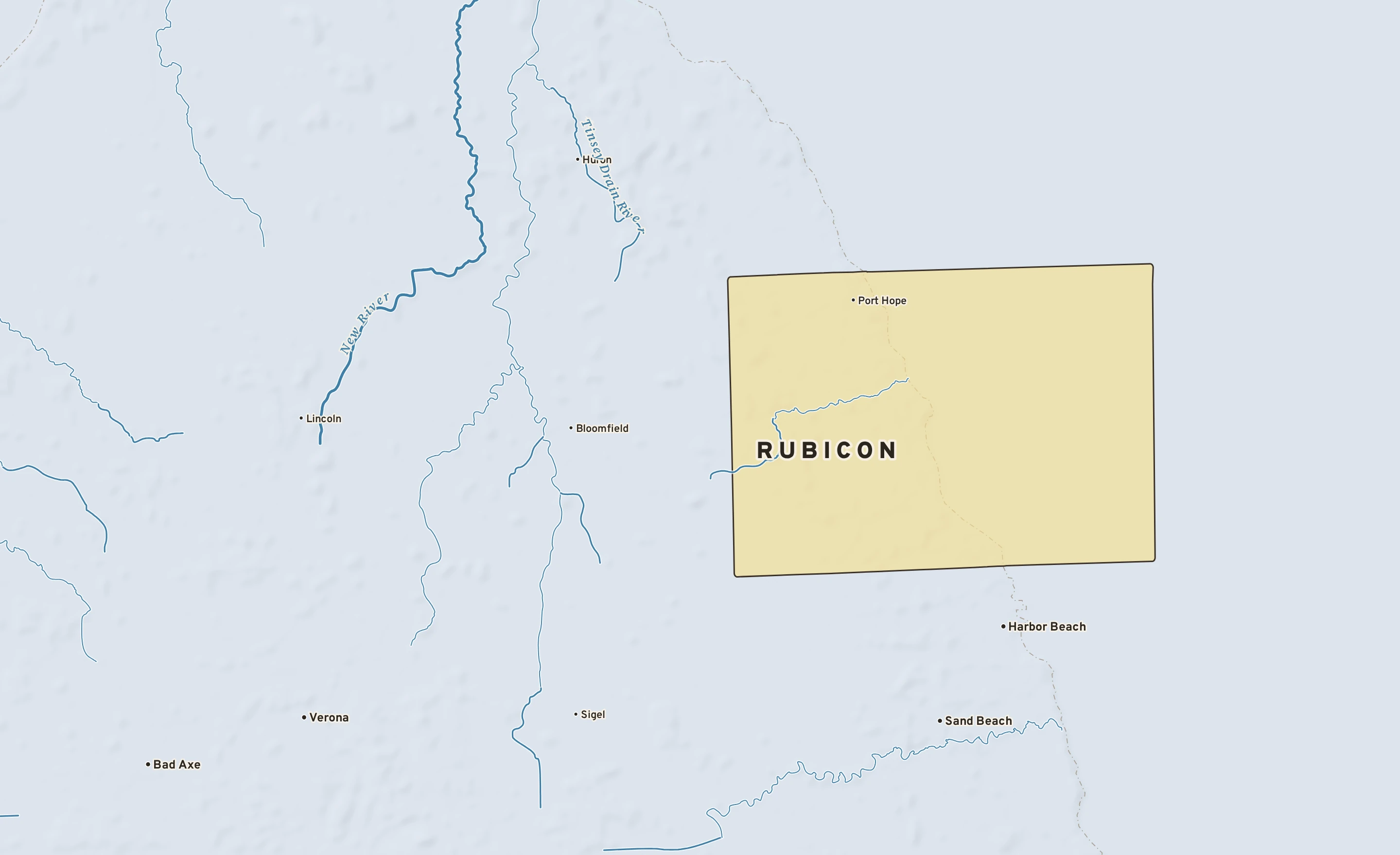 Shaded-relief atlas plate of Rubicon, Michigan: rivers, roads, the city limits and where the water drains.