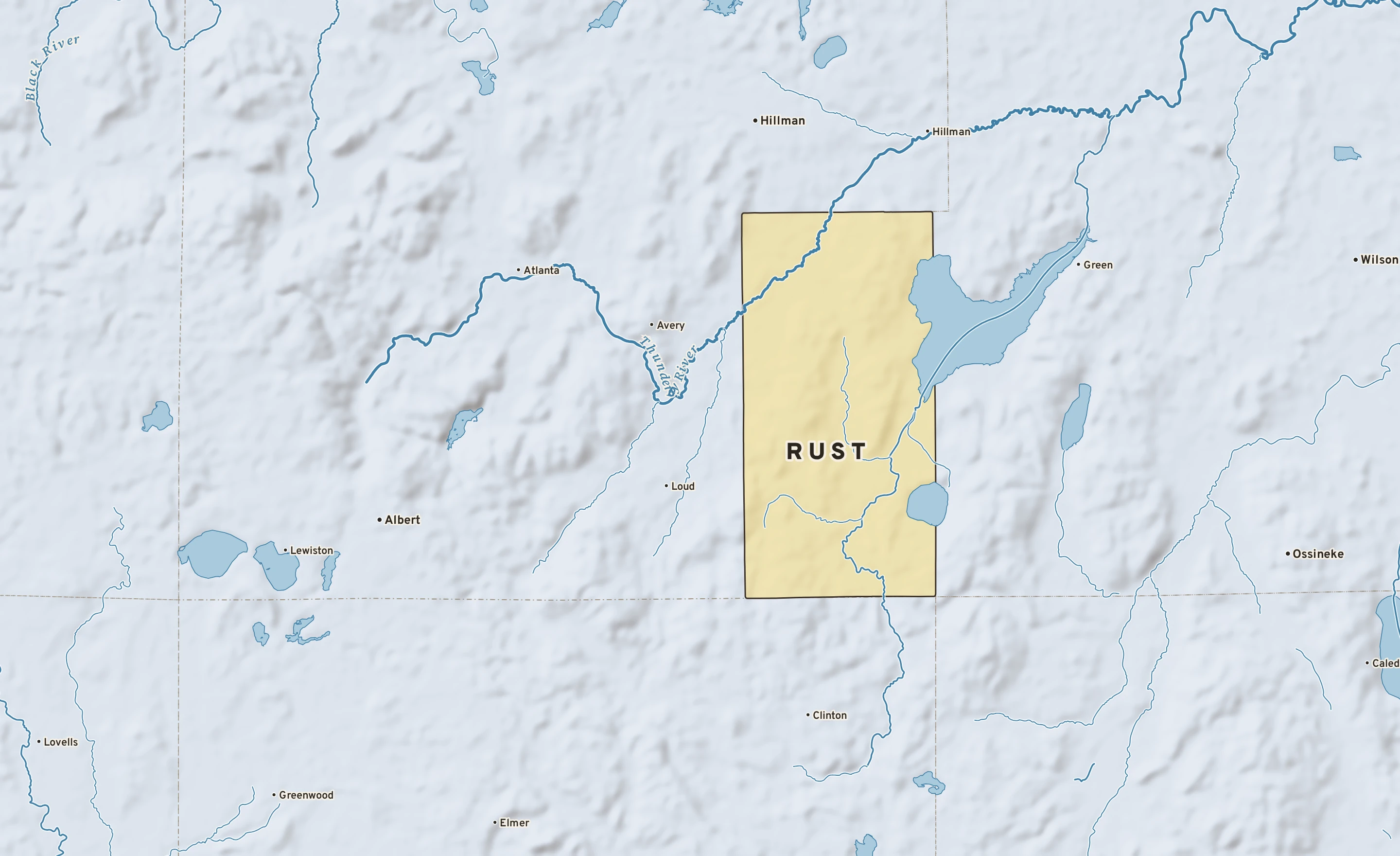 Shaded-relief atlas plate of Rust, Michigan: rivers, roads, the city limits and where the water drains.