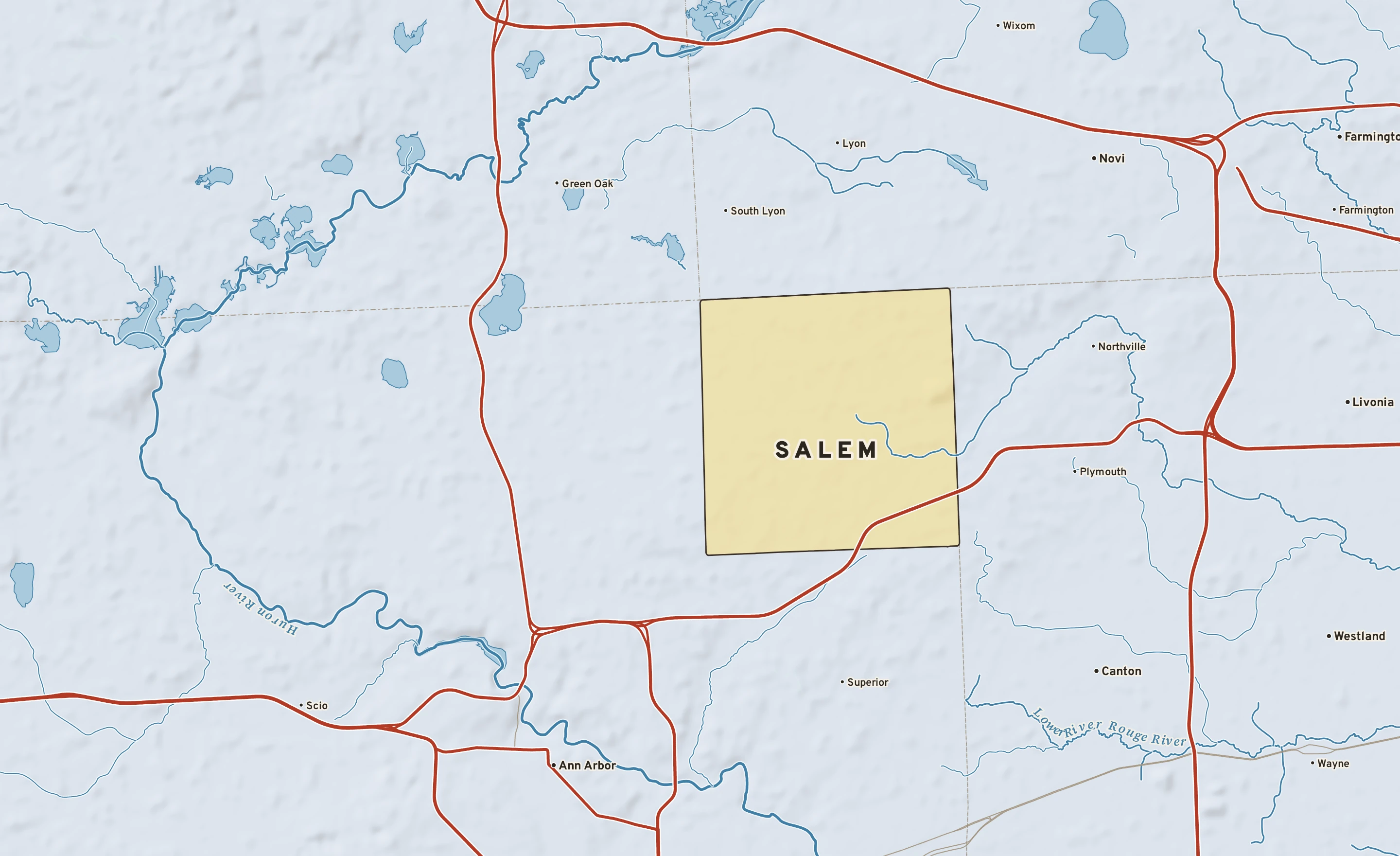 Shaded-relief atlas plate of Salem, Michigan: rivers, roads, the city limits and where the water drains.