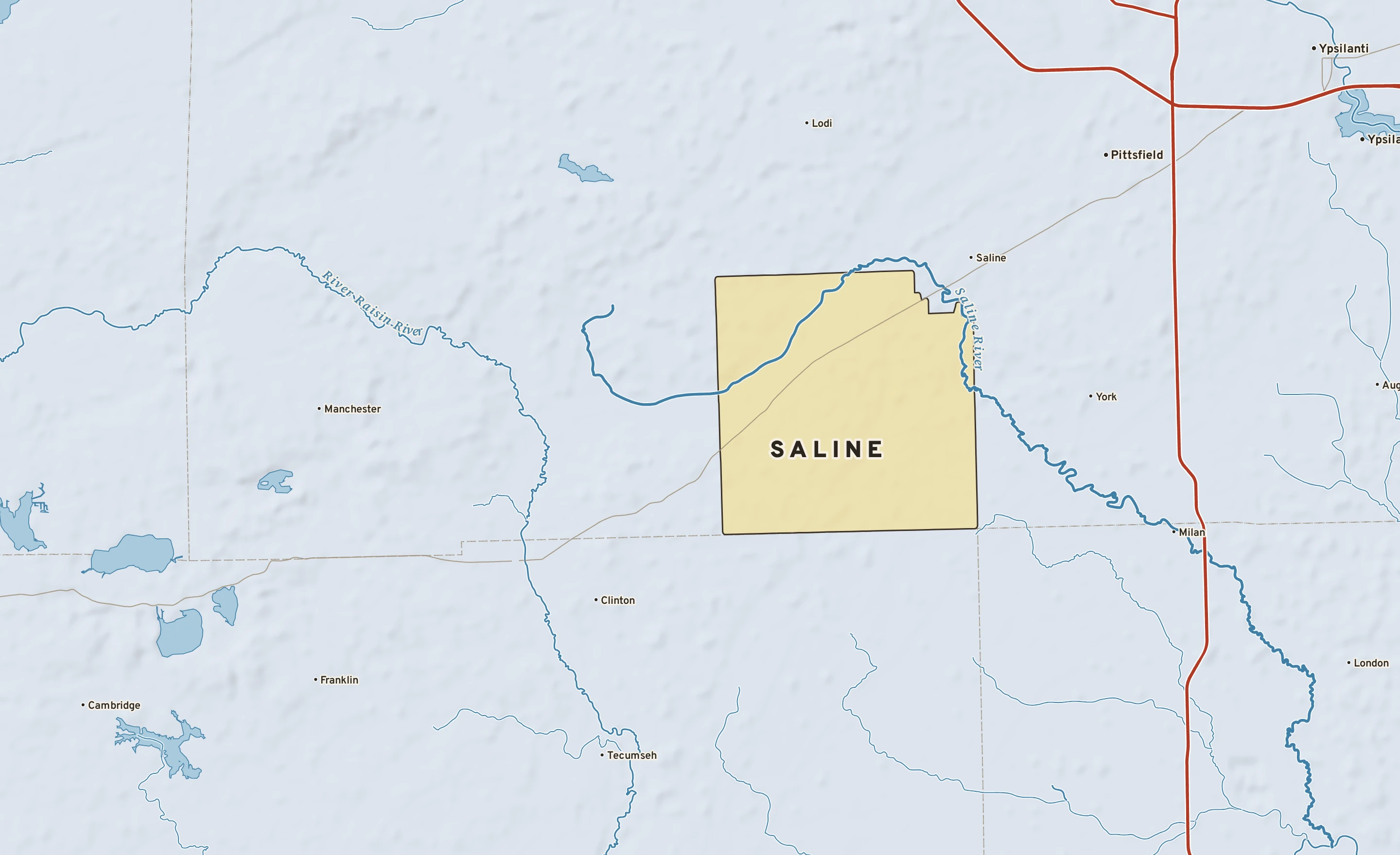 Shaded-relief atlas plate of Saline, Michigan: rivers, roads, the city limits and where the water drains.