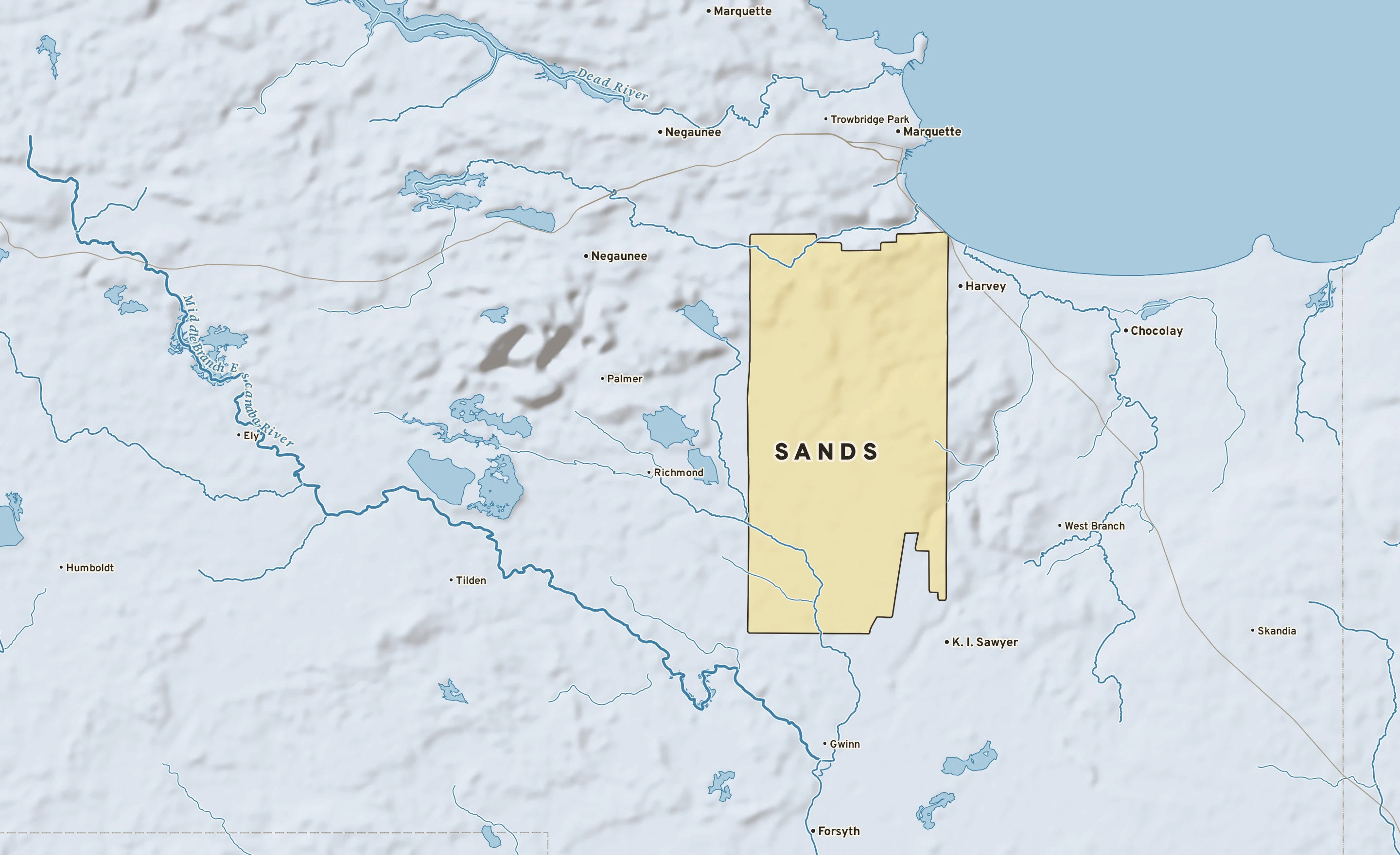 Shaded-relief atlas plate of Sands, Michigan: rivers, roads, the city limits and where the water drains.