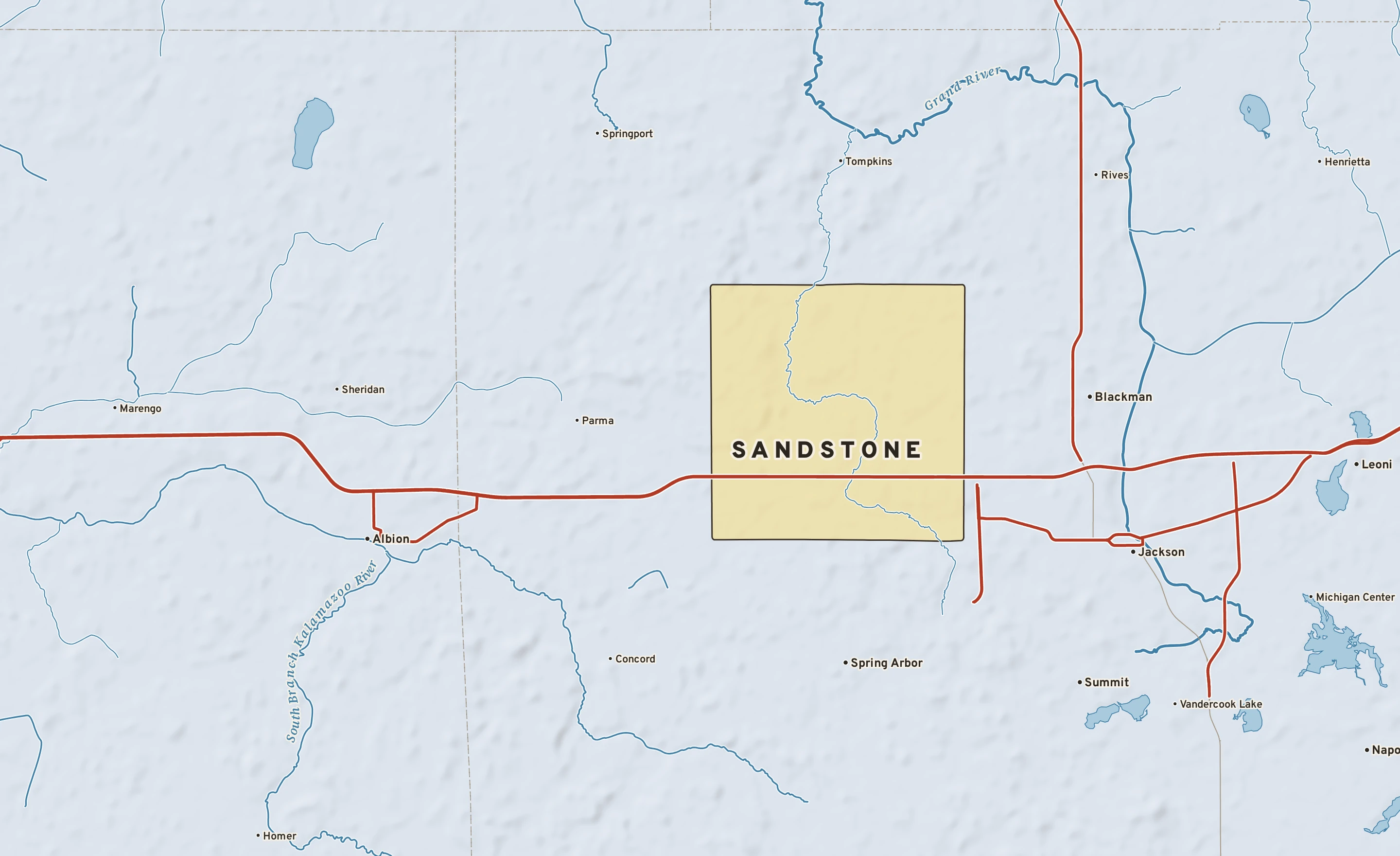 Shaded-relief atlas plate of Sandstone, Michigan: rivers, roads, the city limits and where the water drains.