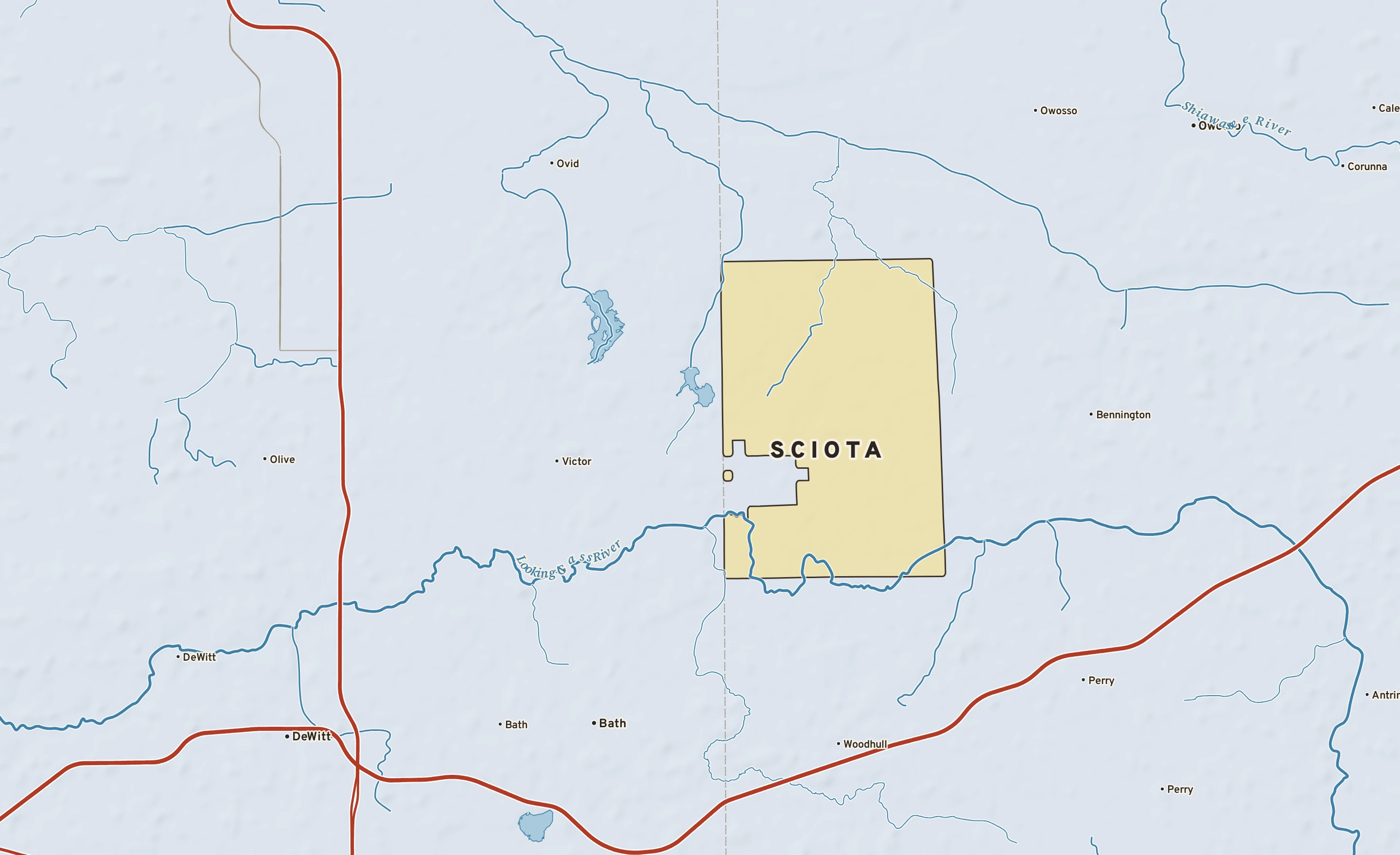 Shaded-relief atlas plate of Sciota, Michigan: rivers, roads, the city limits and where the water drains.