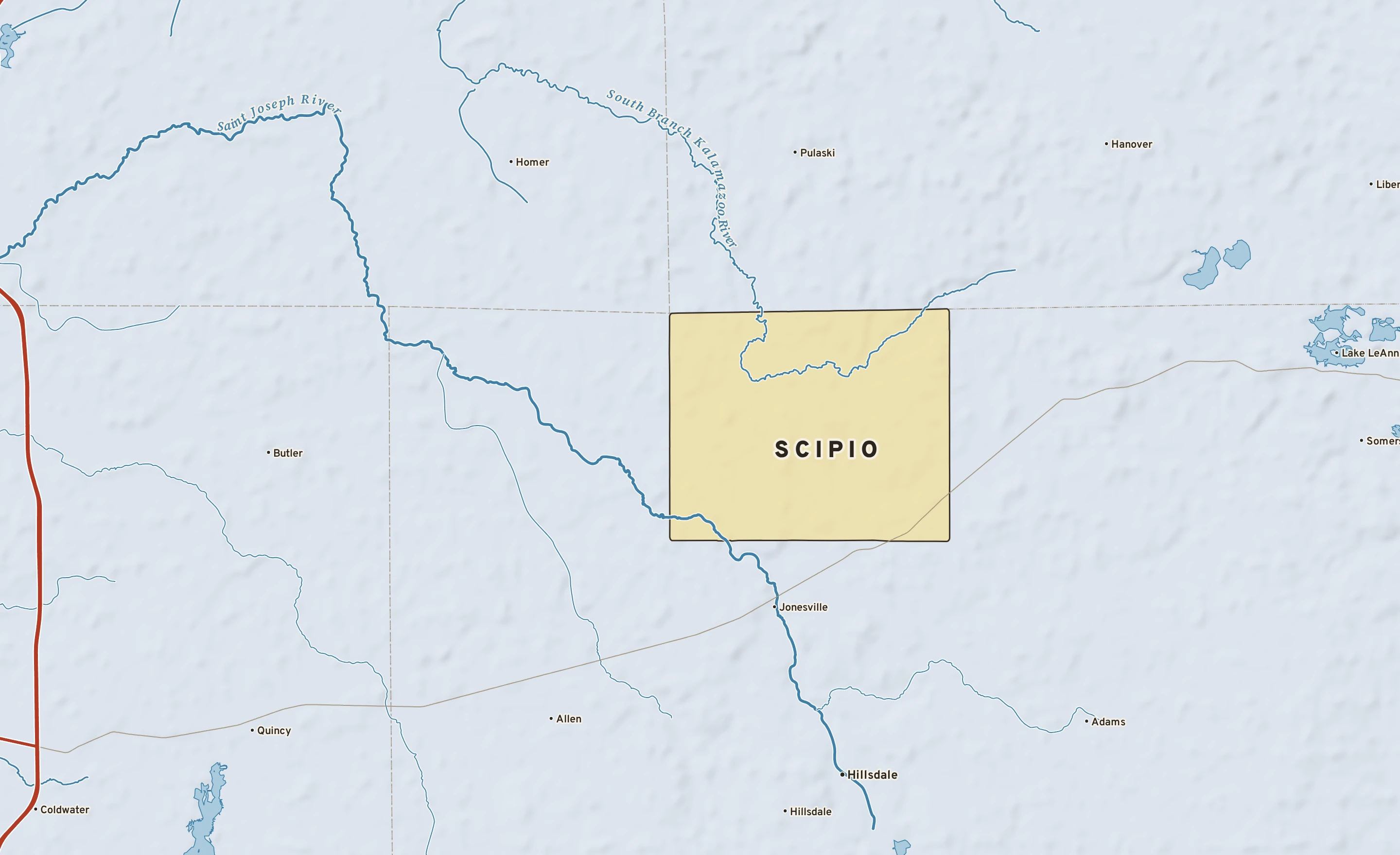 Shaded-relief atlas plate of Scipio, Michigan: rivers, roads, the city limits and where the water drains.