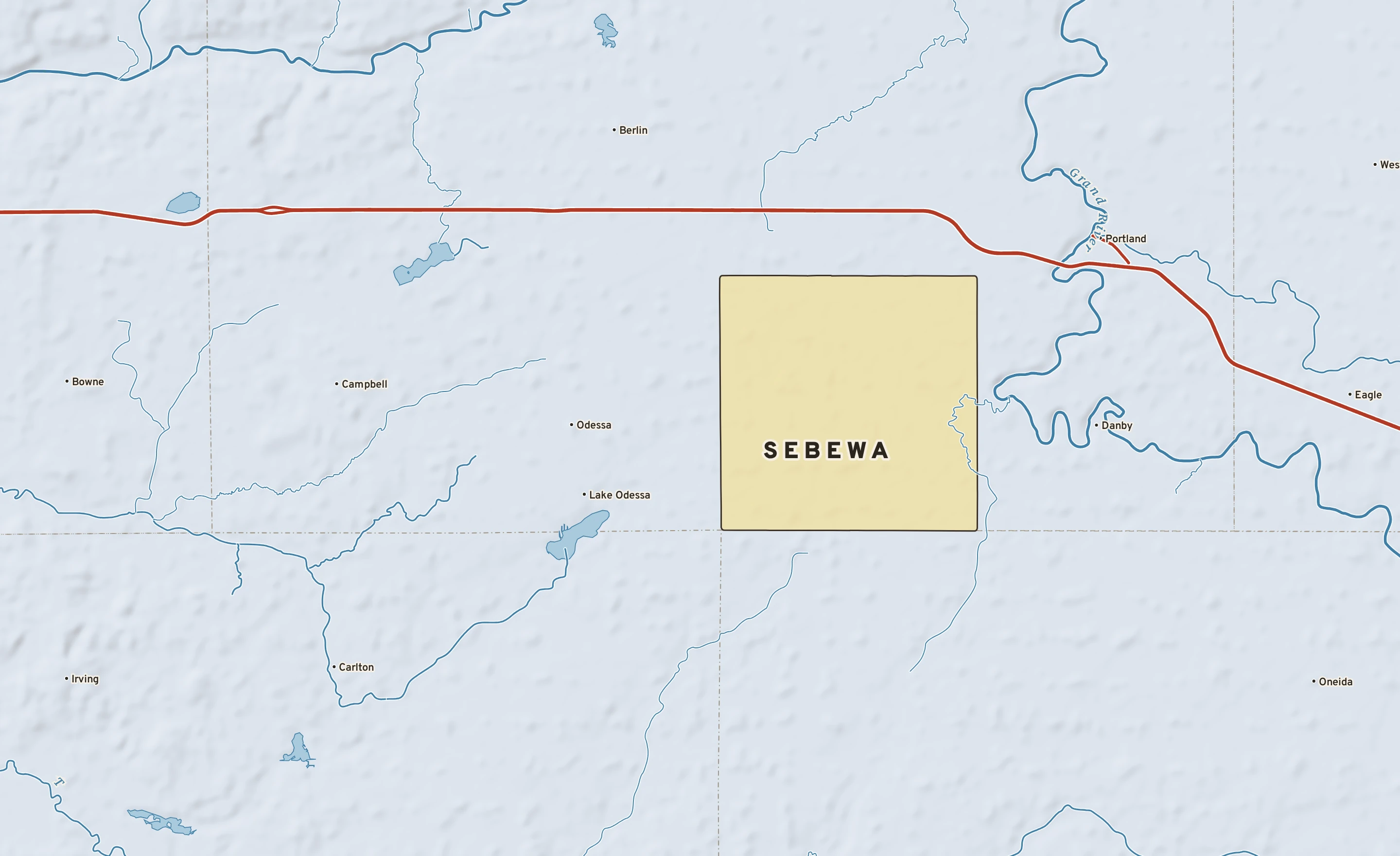 Shaded-relief atlas plate of Sebewa, Michigan: rivers, roads, the city limits and where the water drains.