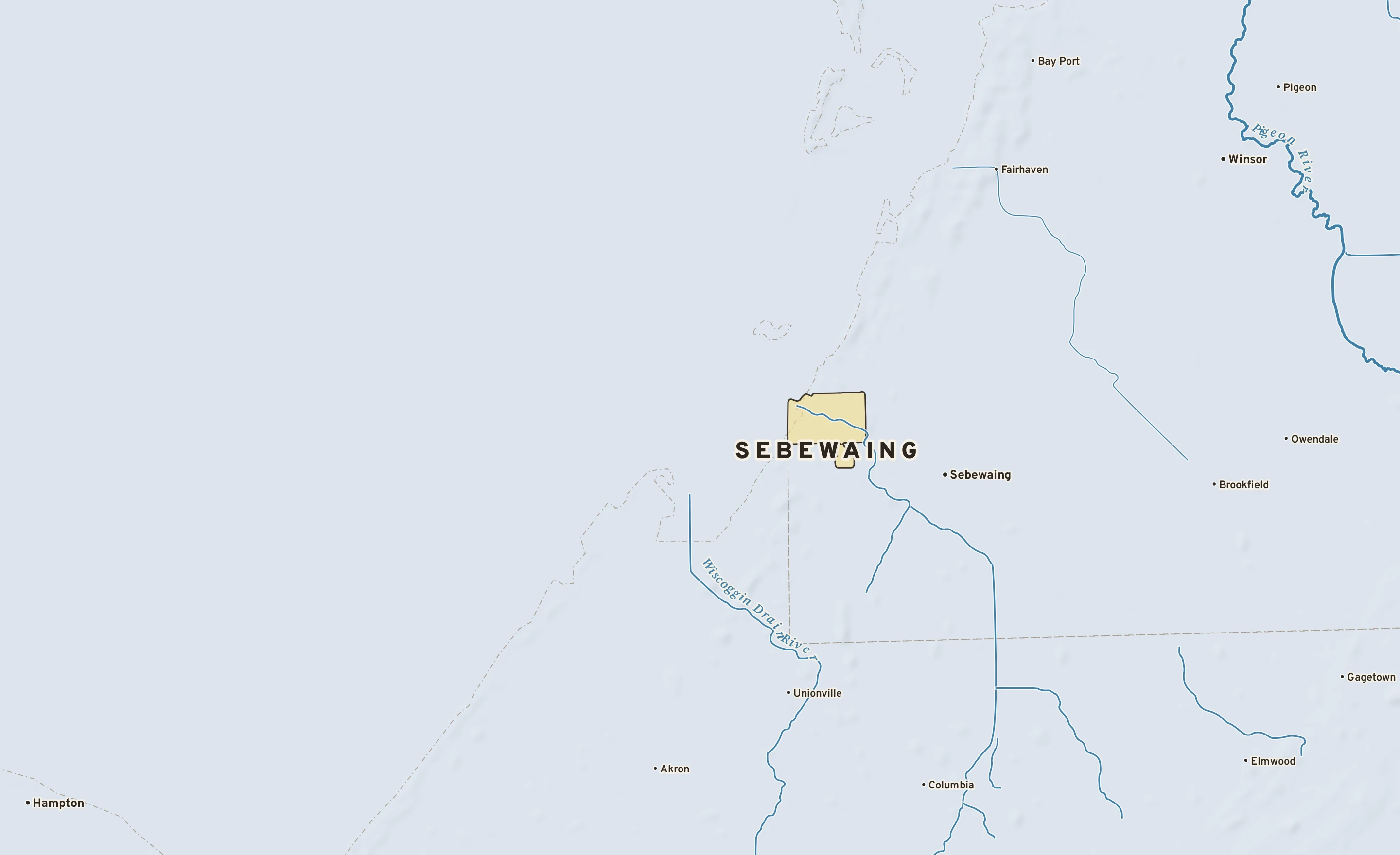 Shaded-relief atlas plate of Sebewaing, Michigan: rivers, roads, the city limits and where the water drains.