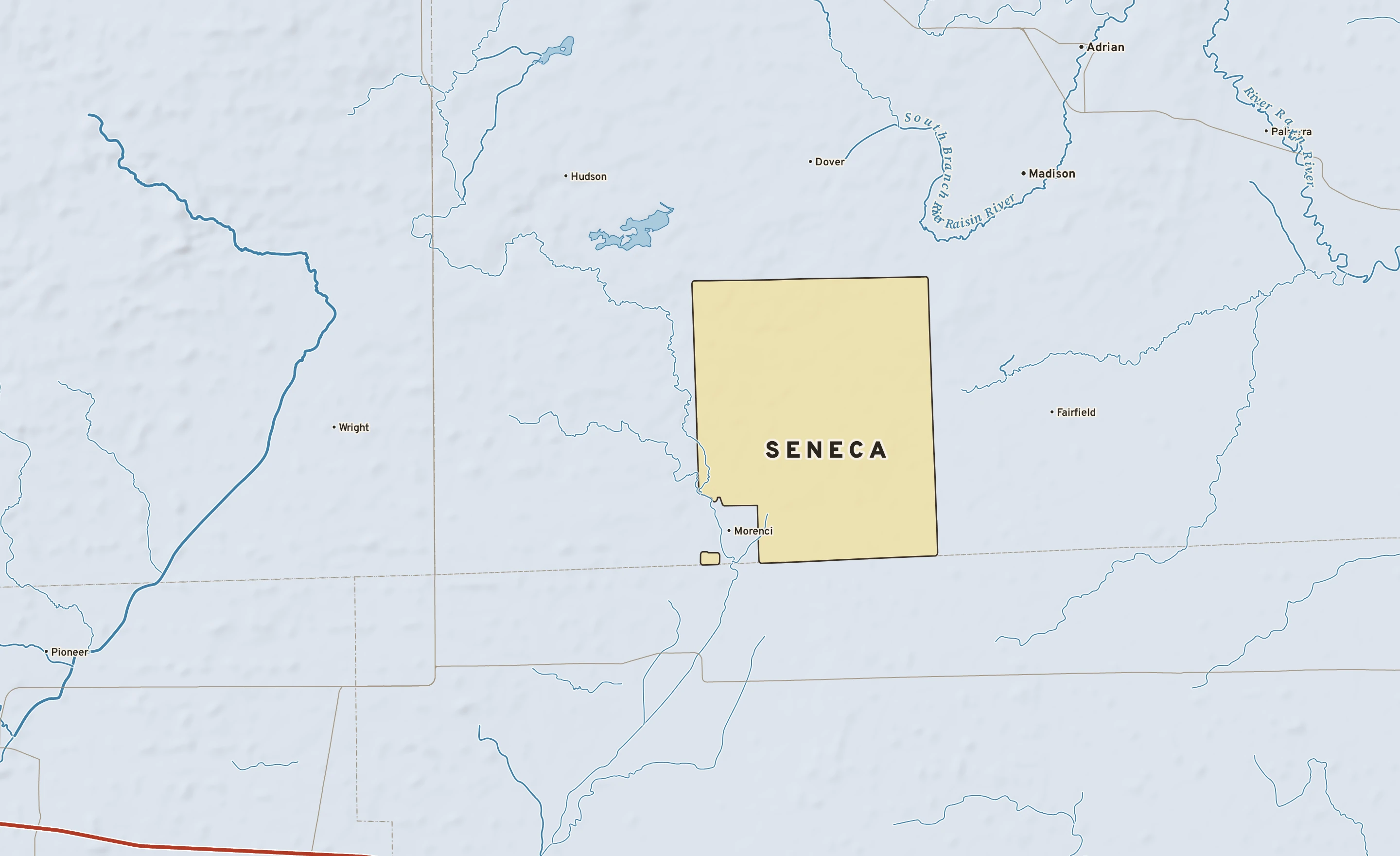 Shaded-relief atlas plate of Seneca, Michigan: rivers, roads, the city limits and where the water drains.