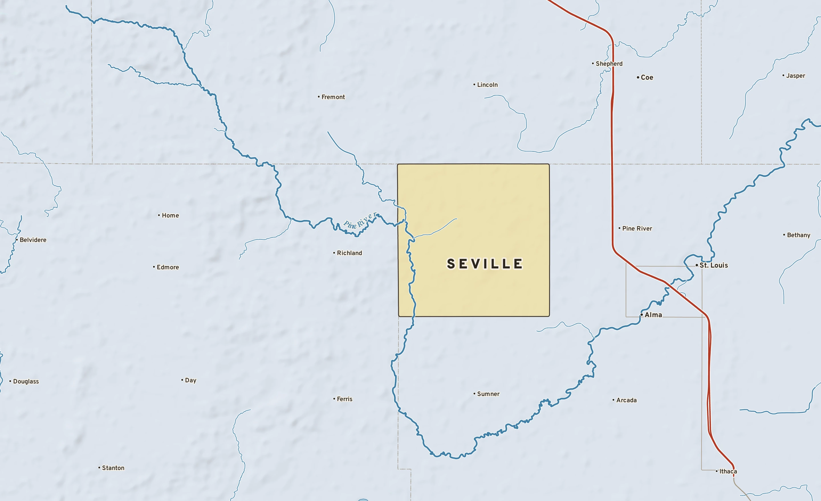 Shaded-relief atlas plate of Seville, Michigan: rivers, roads, the city limits and where the water drains.