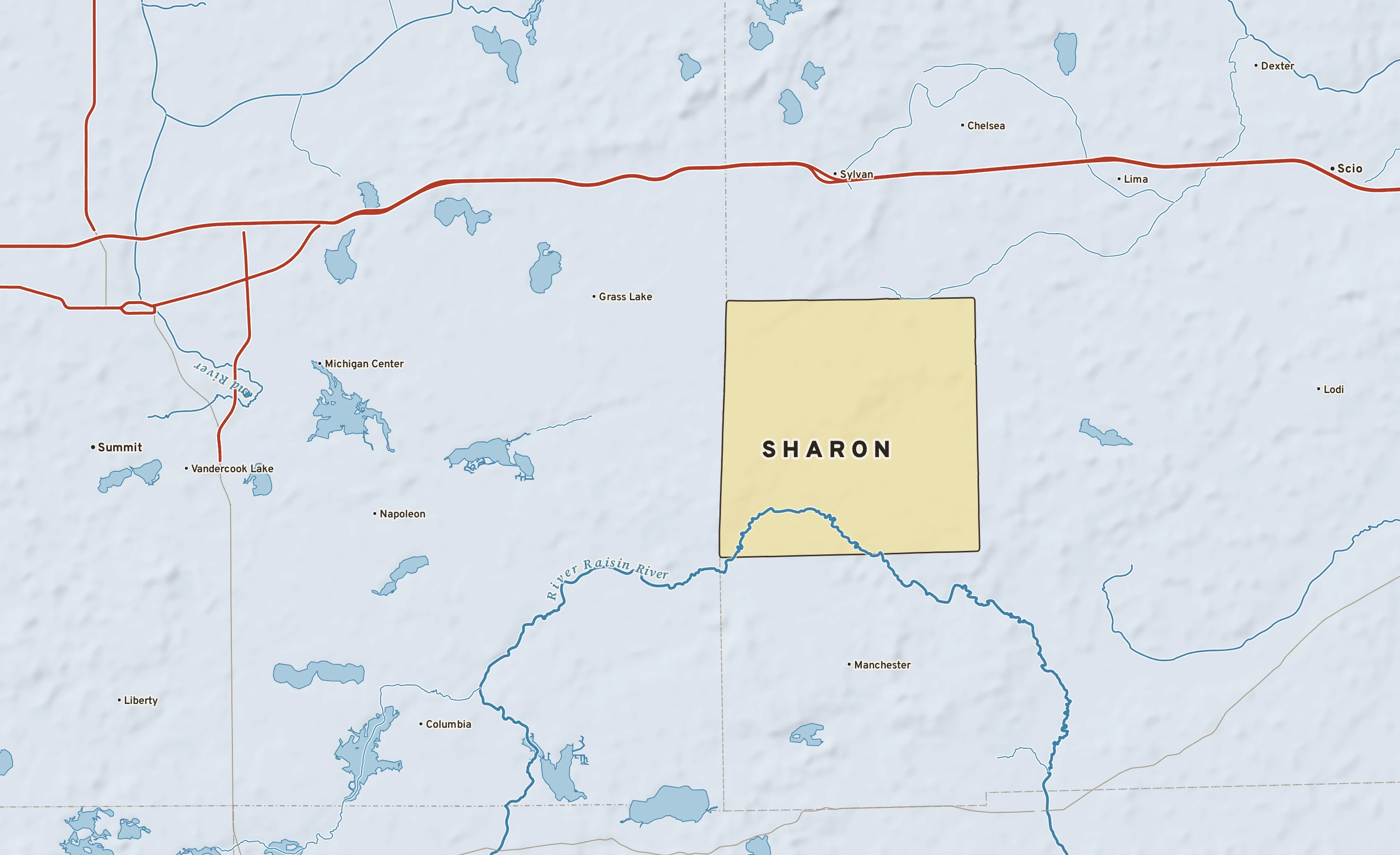 Shaded-relief atlas plate of Sharon, Michigan: rivers, roads, the city limits and where the water drains.