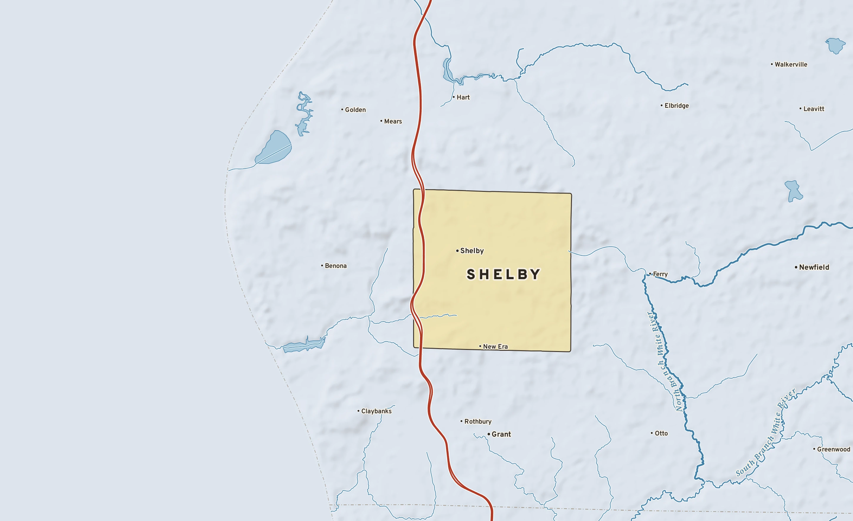 Shaded-relief atlas plate of Shelby, Michigan: rivers, roads, the city limits and where the water drains.