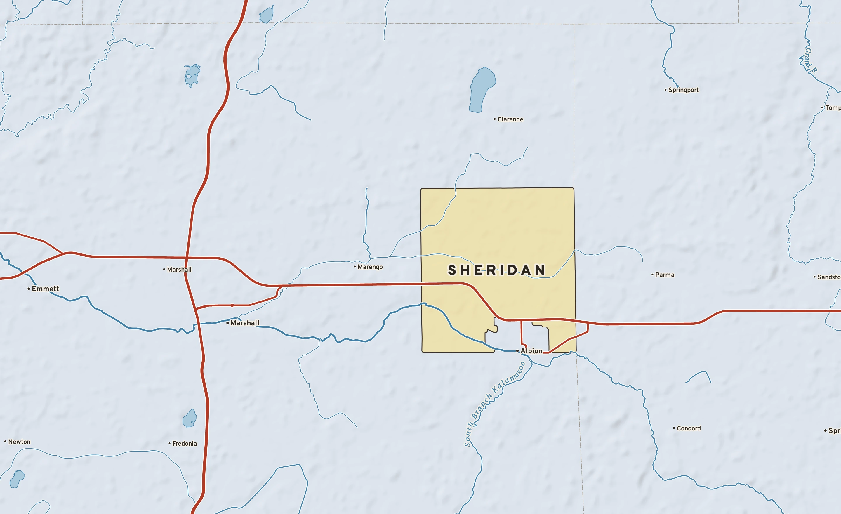 Shaded-relief atlas plate of Sheridan, Michigan: rivers, roads, the city limits and where the water drains.